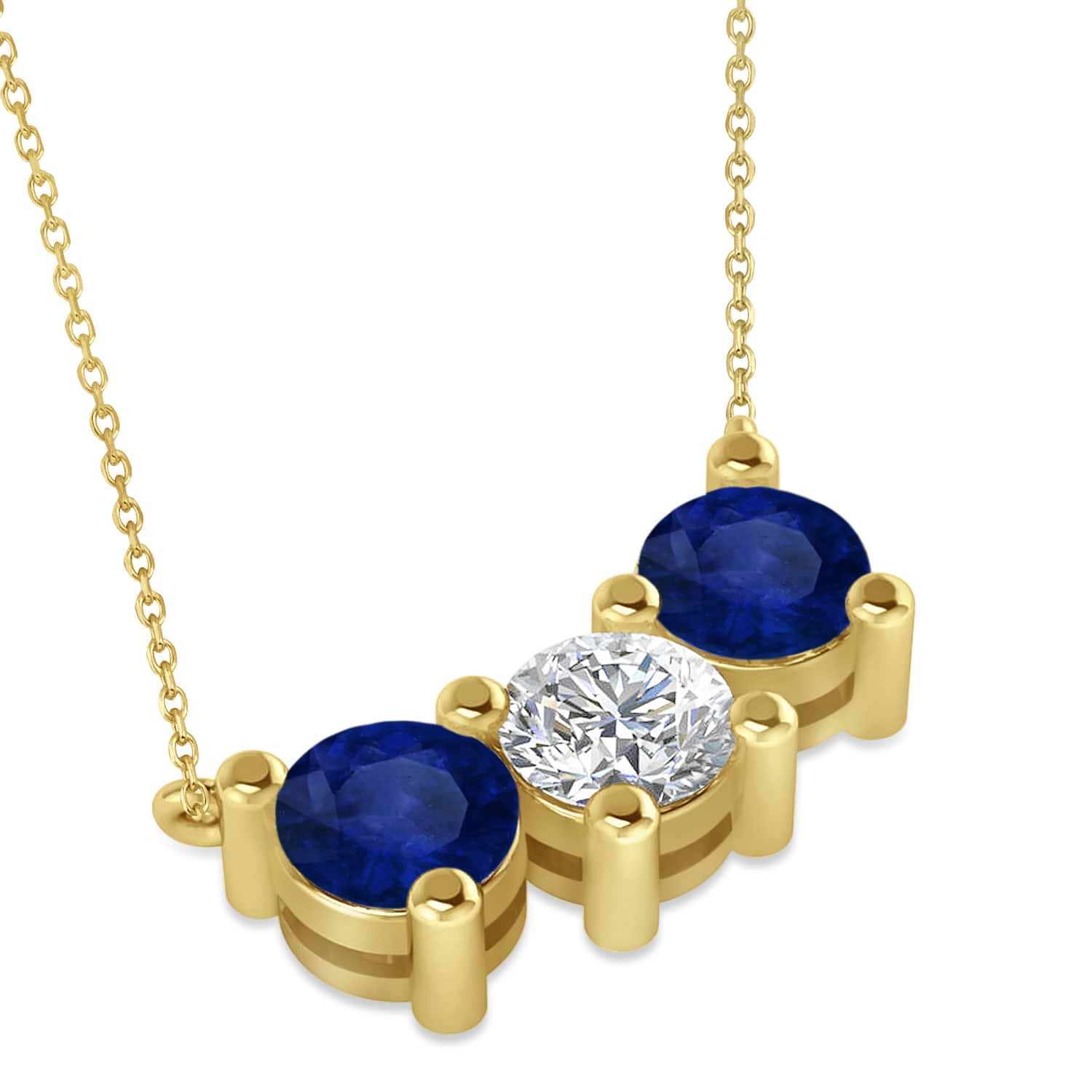 Three Stone Diamond & Blue Sapphire Pendant Necklace 14k Yellow Gold (3.00ct)