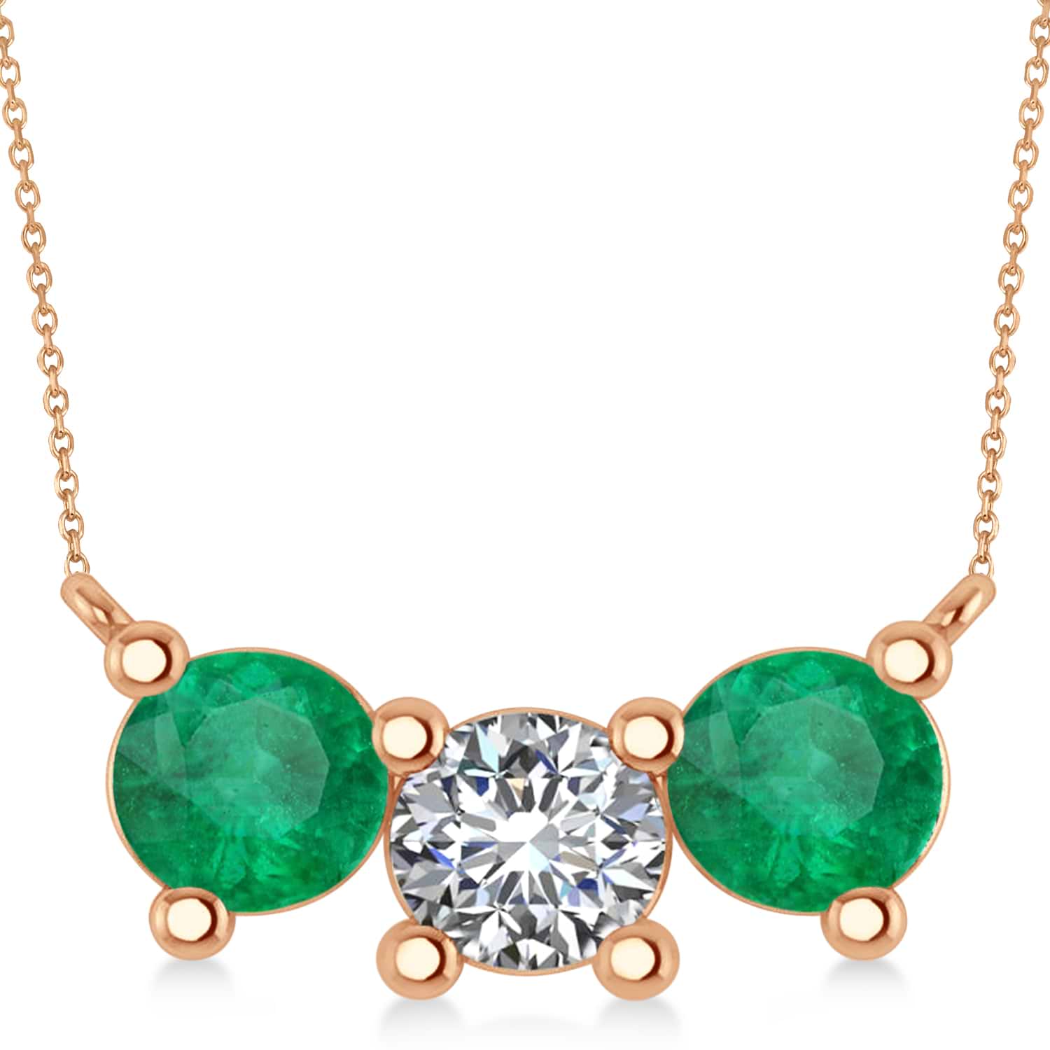 Three Stone Diamond & Emerald Pendant Necklace 14k Rose Gold (3.00ct)