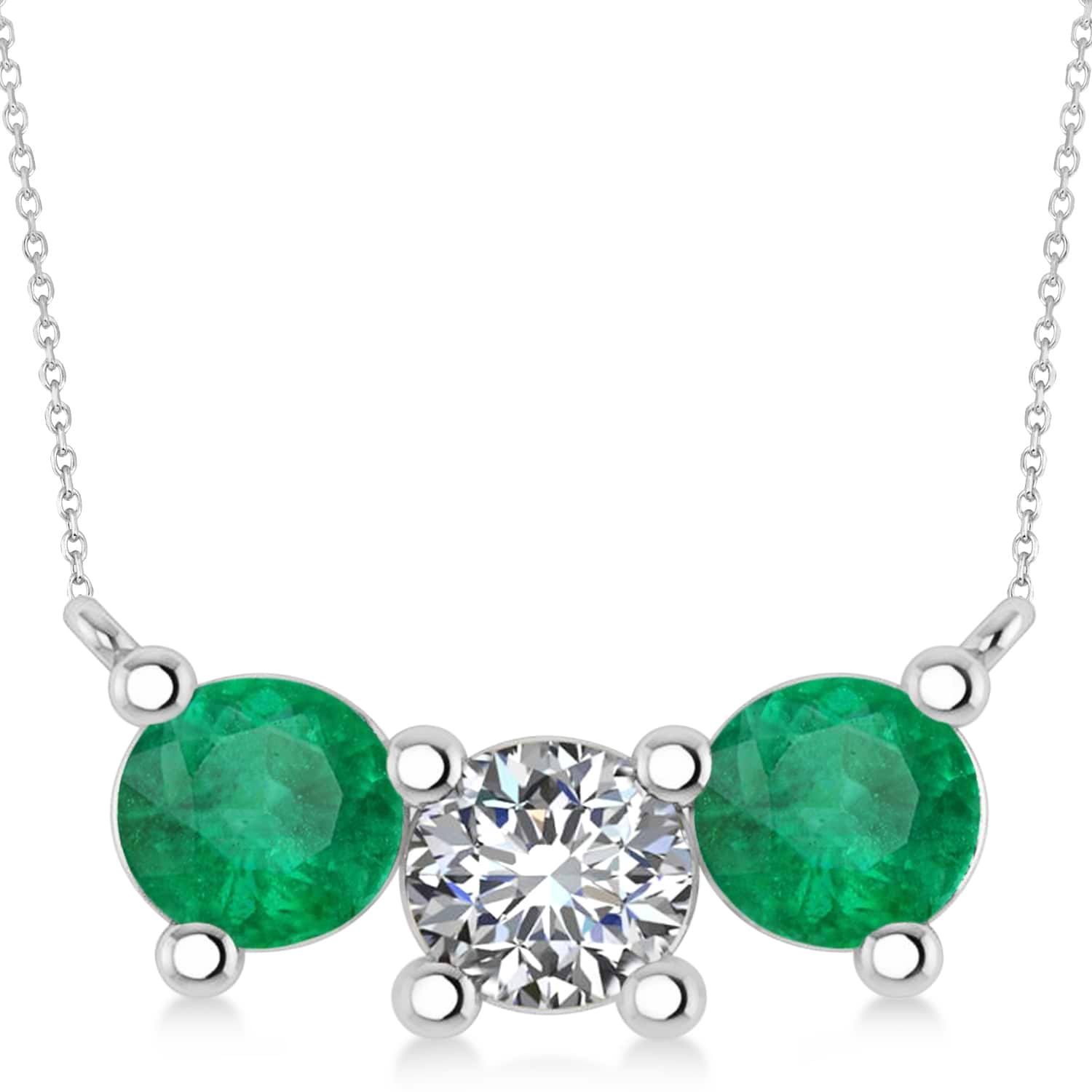 Three Stone Diamond & Emerald Pendant Necklace 14k White Gold (3.00ct)