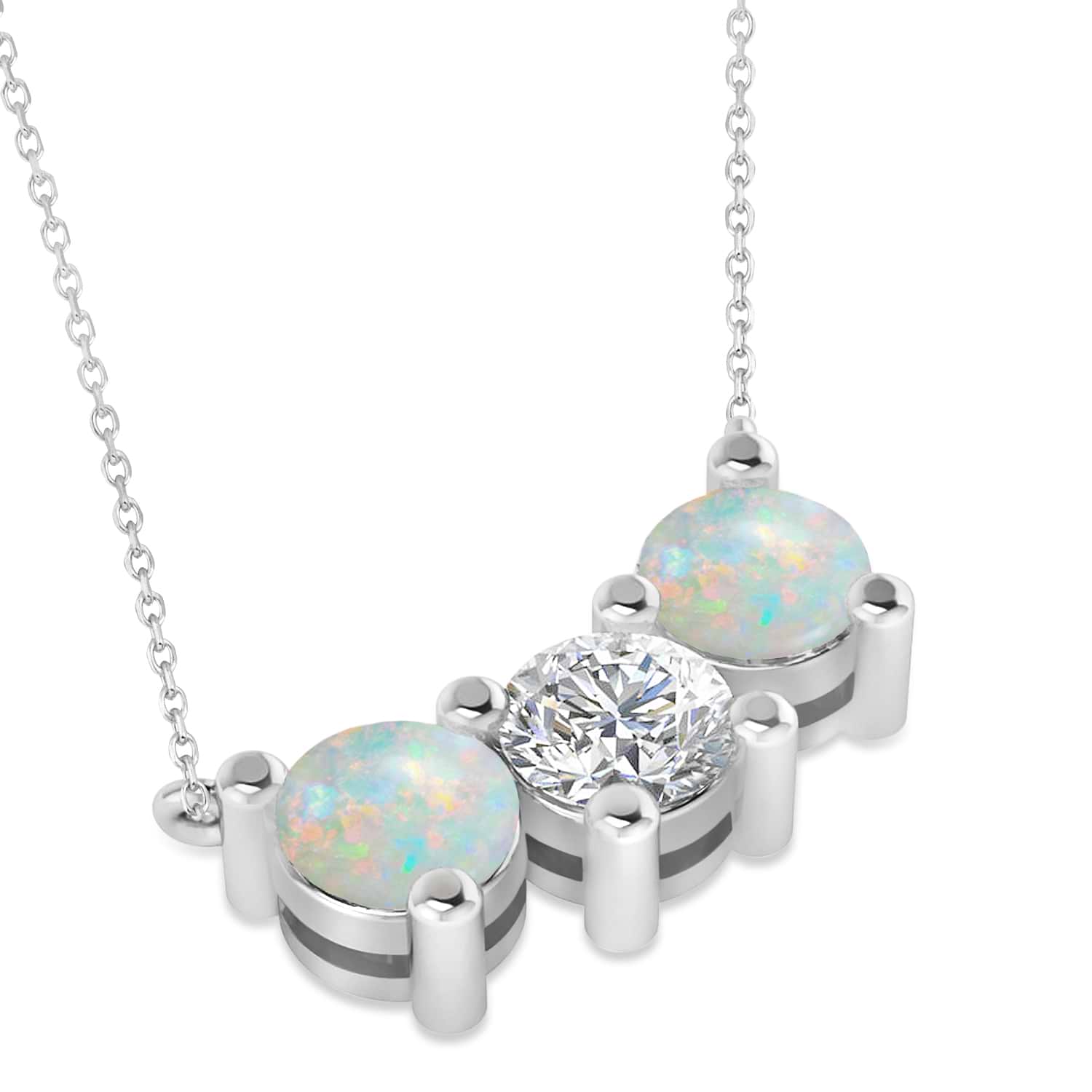 Three Stone Diamond & Opal Pendant Necklace 14k White Gold (3.00ct)