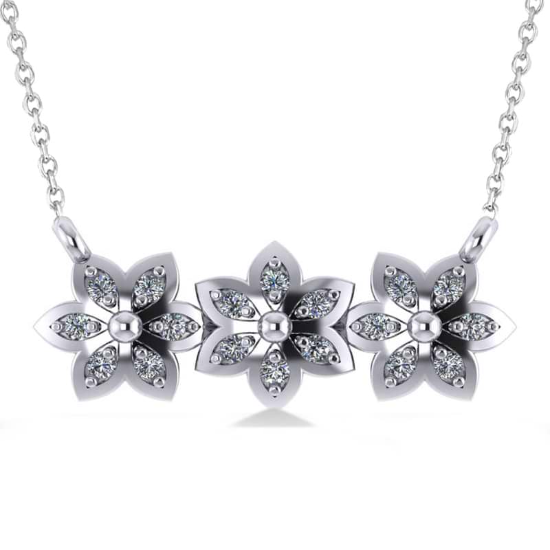 Triple Flower Diamond Pendant Necklace 14k White Gold (0.18ct)