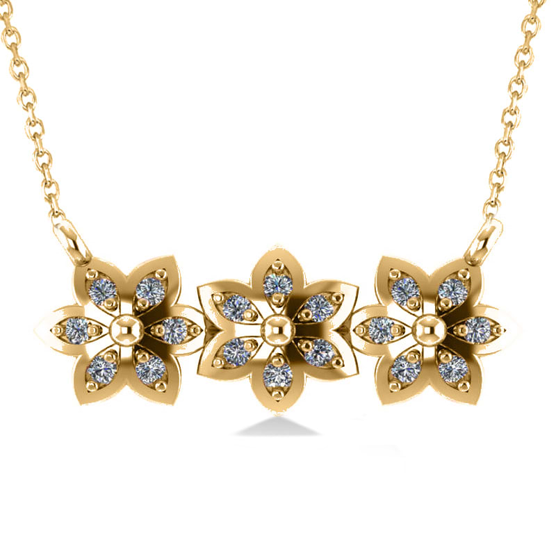 Triple Flower Diamond Pendant Necklace 14k Yellow Gold (0.18ct)