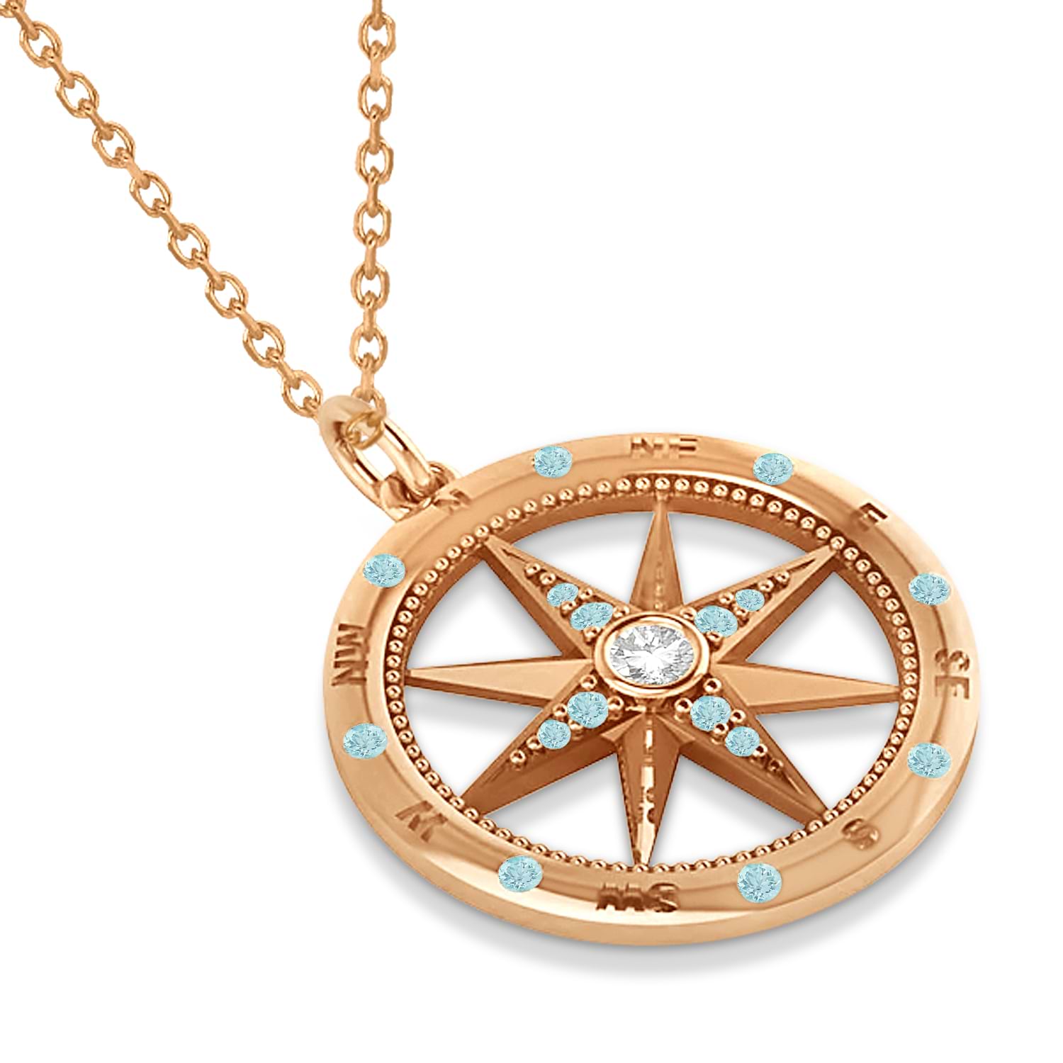 Extra Large Compass Pendant For Men Aquamarine & Diamond Accented 14k Rose Gold (0.45ct)