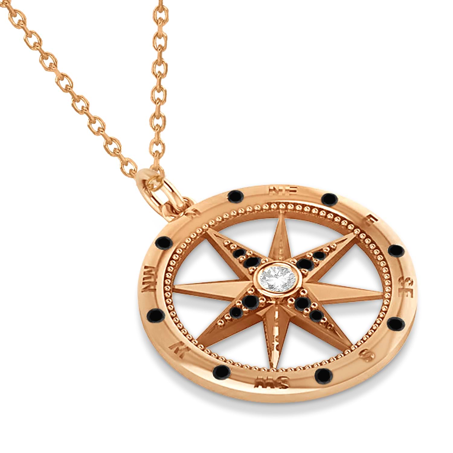 Extra Large Compass Pendant For Men Black & White Diamond Accented 14k Rose Gold (0.45ct)