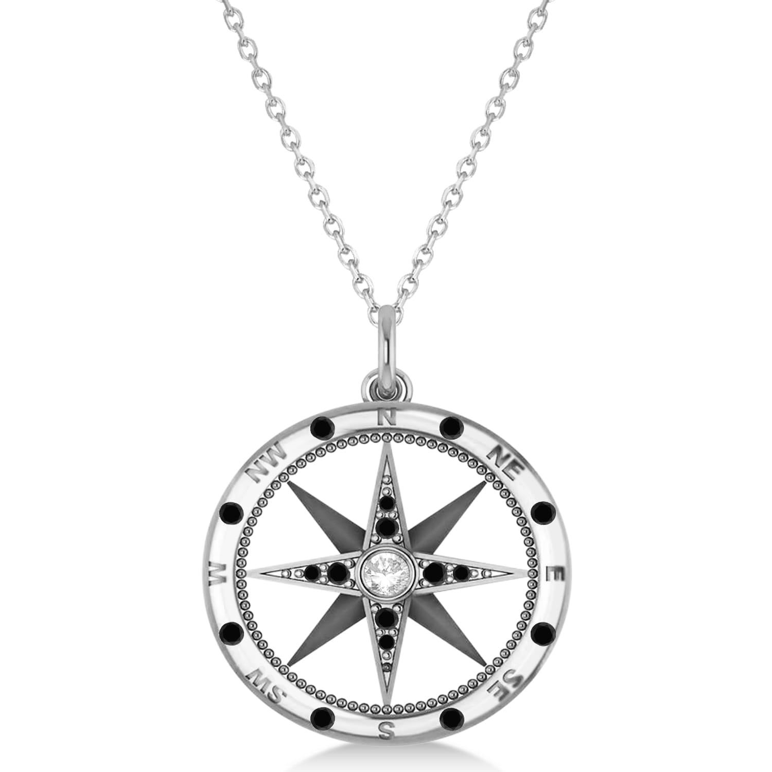 Compass Pendant For Men Black & White Diamond Accented 14k White Gold (0.38ct)