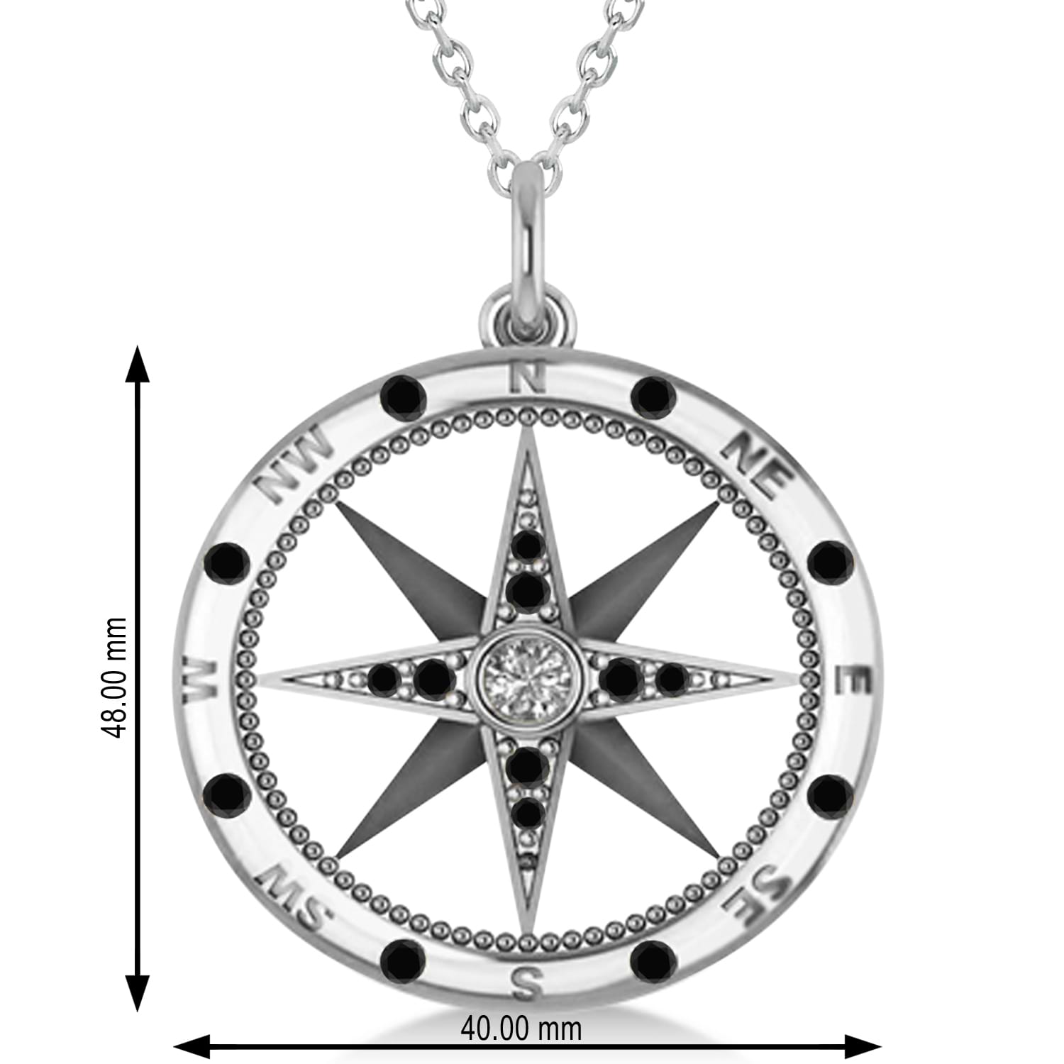 Extra Large Compass Pendant For Men Black & White Diamond Accented 14k White Gold (0.45ct)
