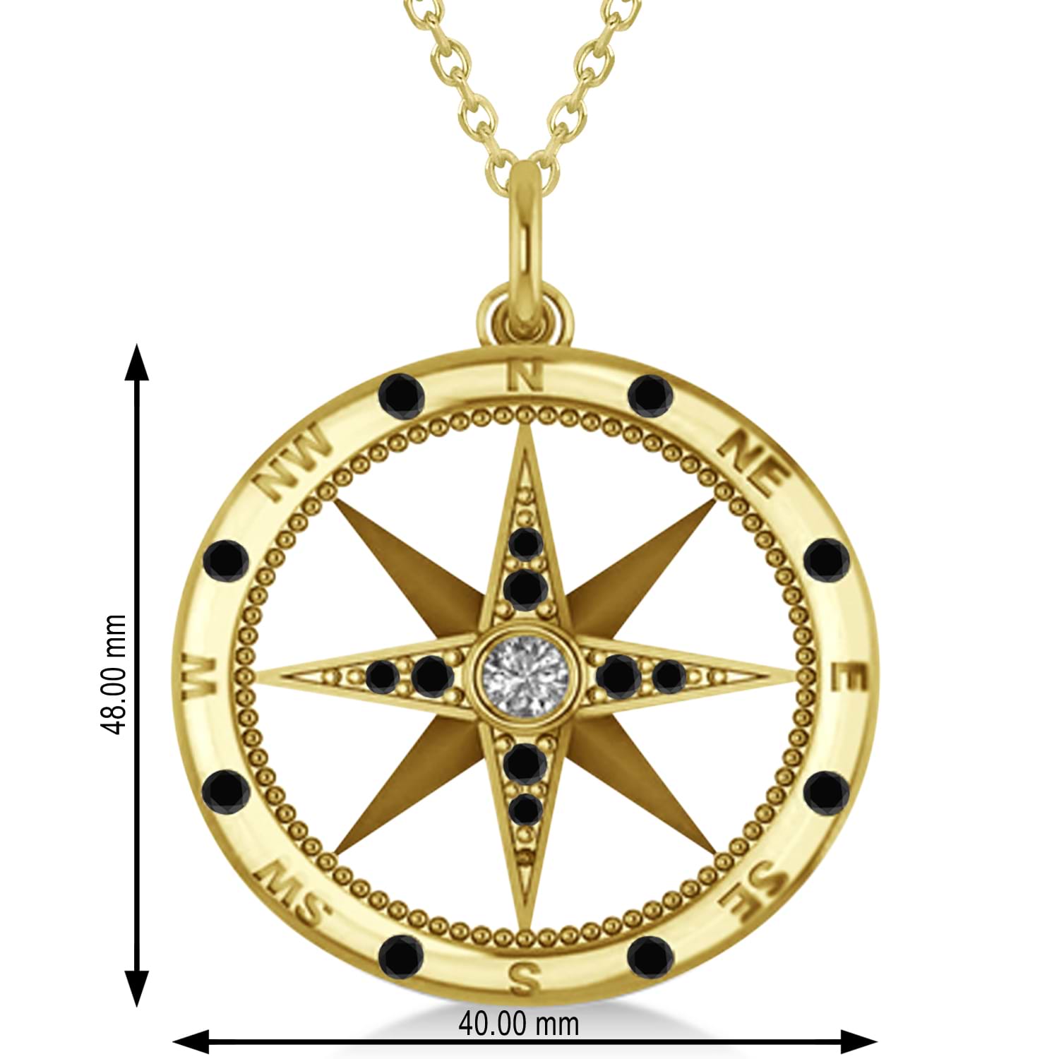 Extra Large Compass Pendant For Men Black & White Diamond Accented 14k Yellow Gold (0.45ct)