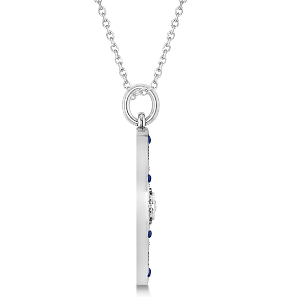 Extra Large Compass Pendant For Men Blue Sapphire & Diamond Accented 14k White Gold (0.45ct)