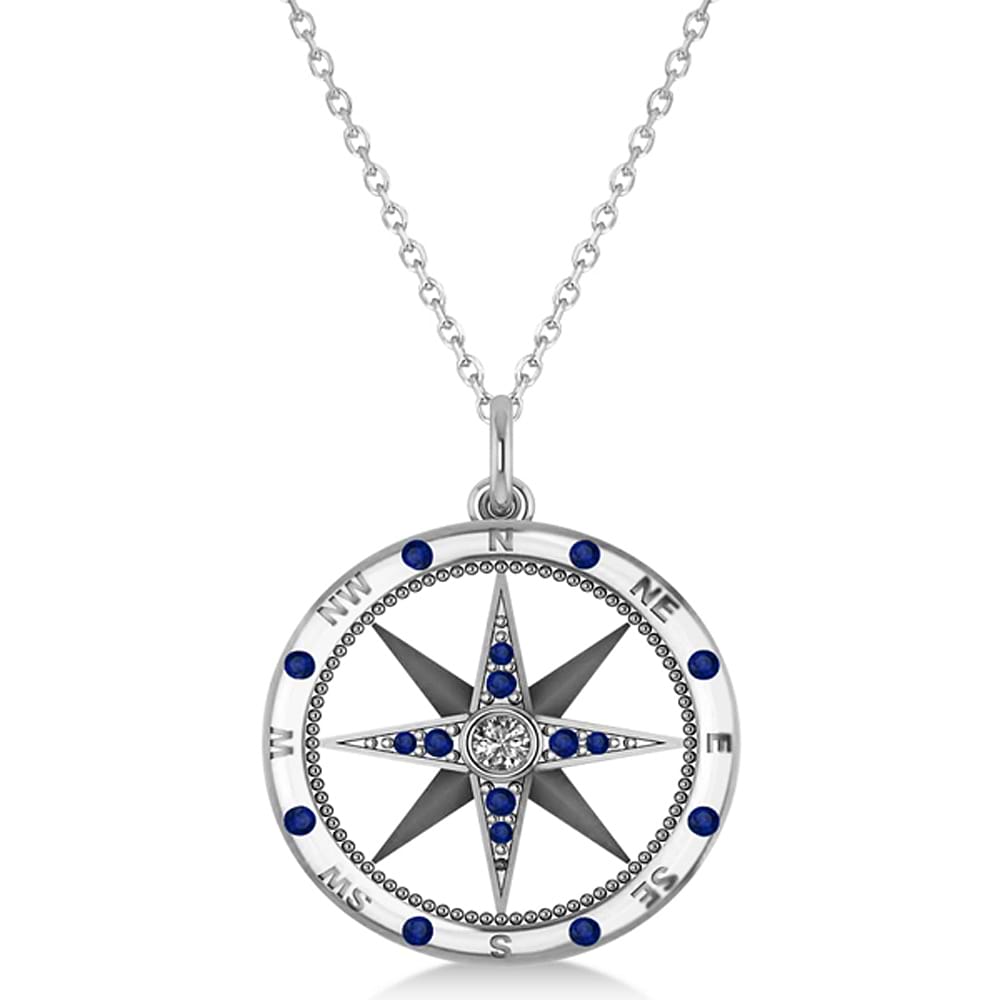 Extra Large Compass Pendant For Men Blue Sapphire & Diamond Accented 18k White Gold (0.45ct)