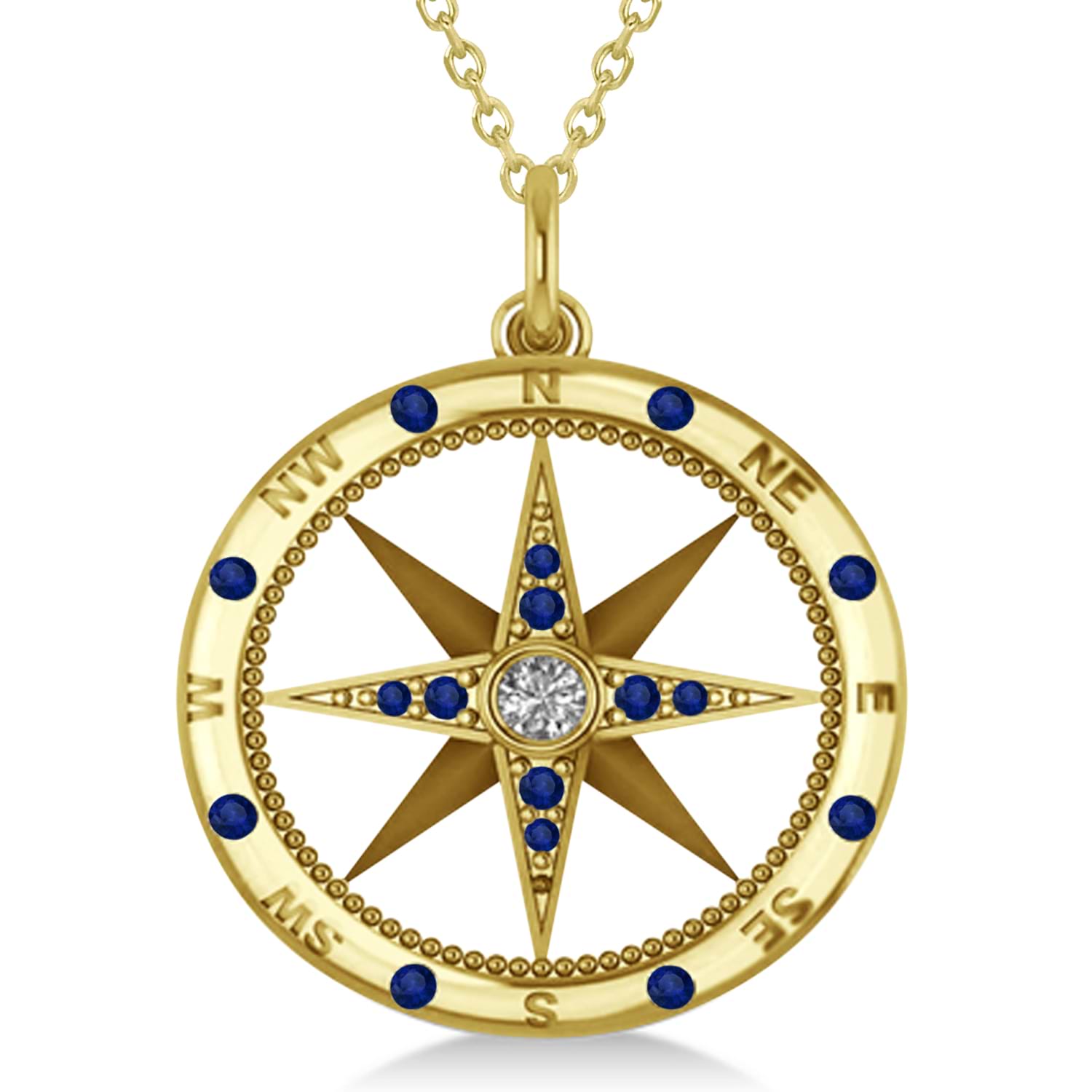 Extra Large Compass Pendant For Men Blue Sapphire & Diamond Accented 18k Yellow Gold (0.45ct)