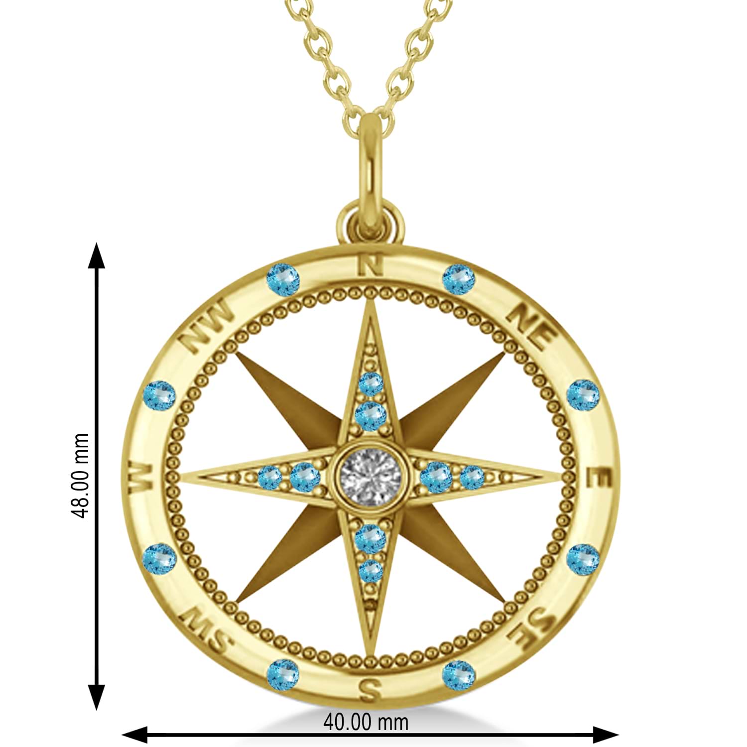 Extra Large Compass Pendant For Men Blue Topaz & Diamond Accented 14k Yellow Gold (0.45ct)