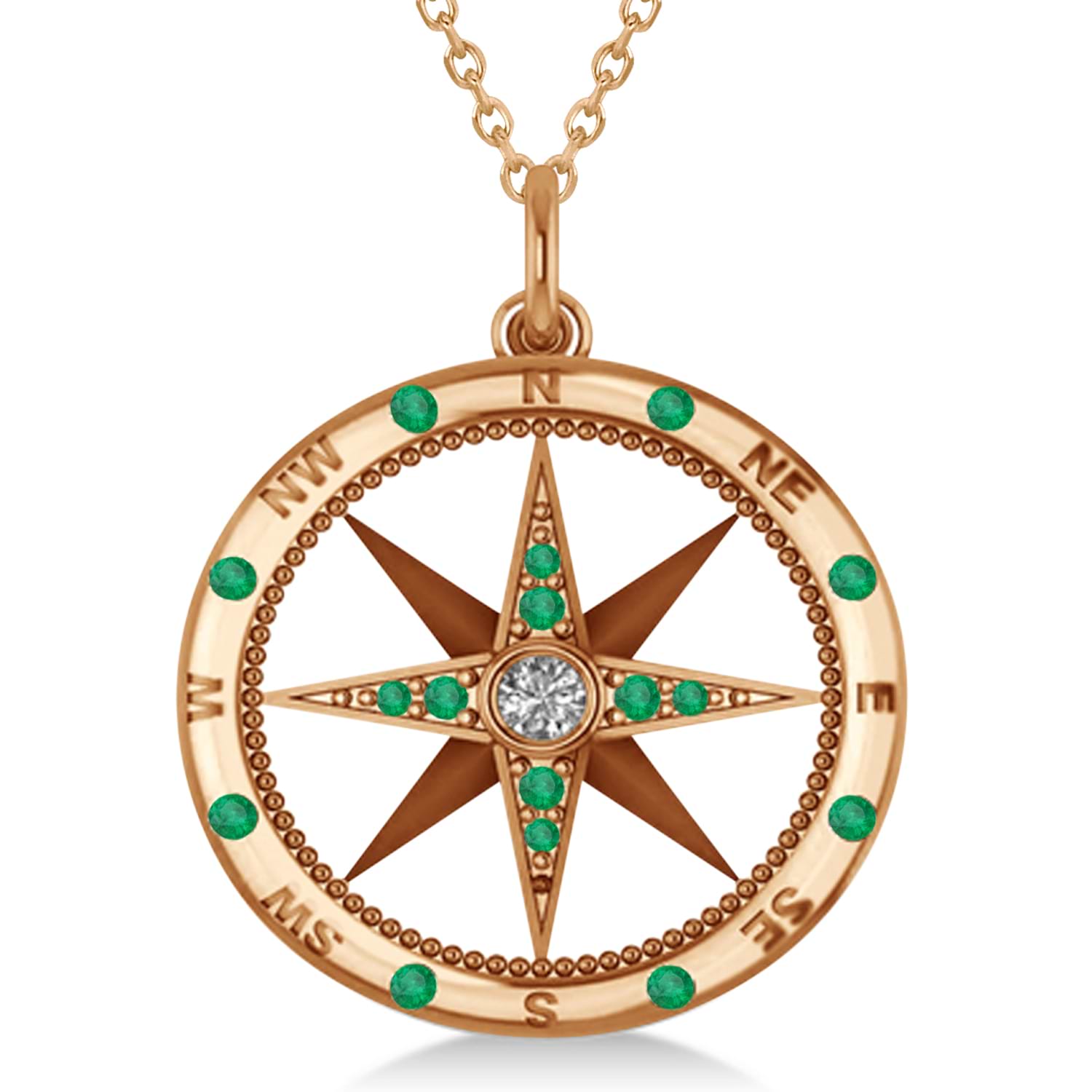 Extra Large Compass Pendant For Men Emerald & Diamond Accented 14k Rose Gold (0.45ct)