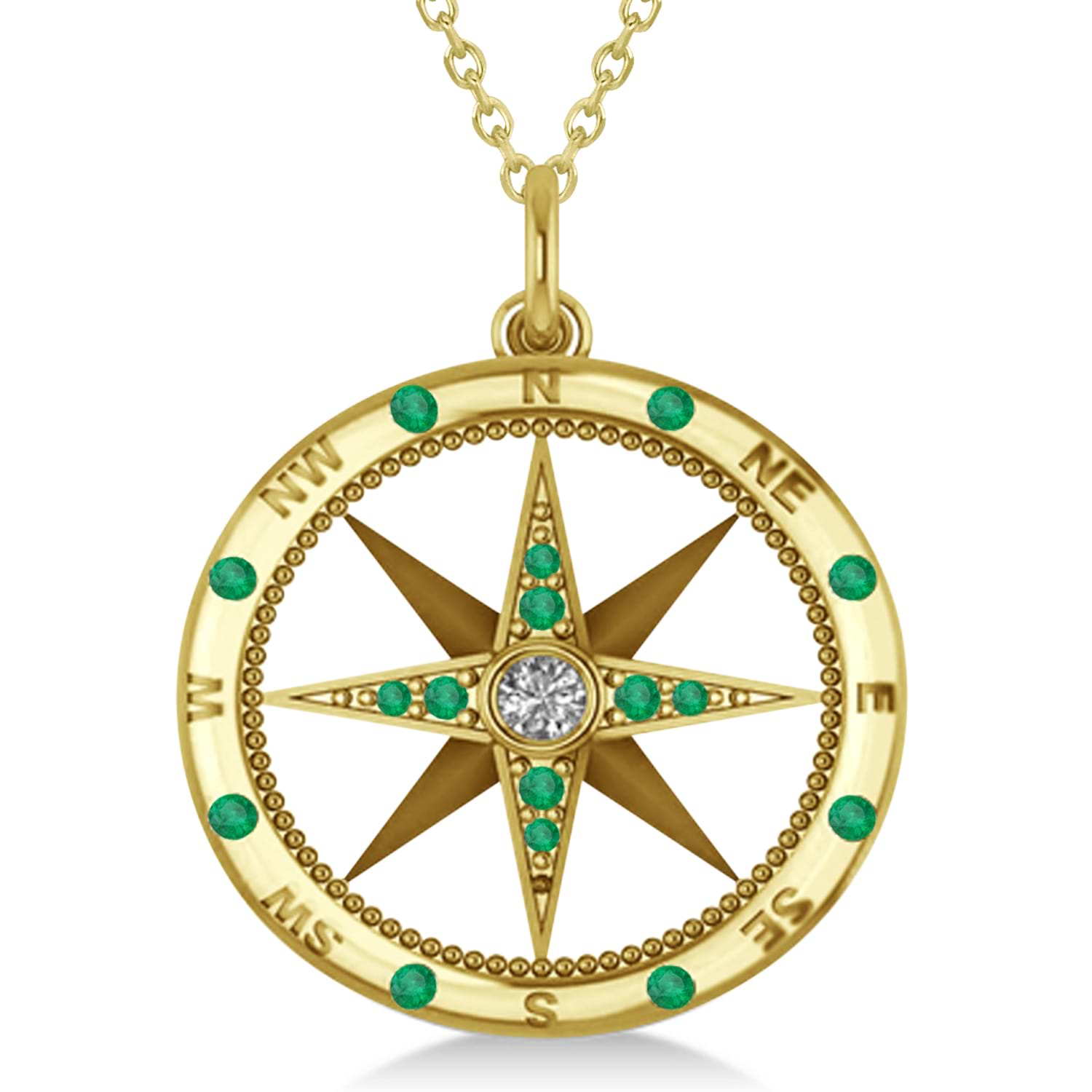 Extra Large Compass Pendant For Men Emerald & Diamond Accented 14k Yellow Gold (0.45ct)