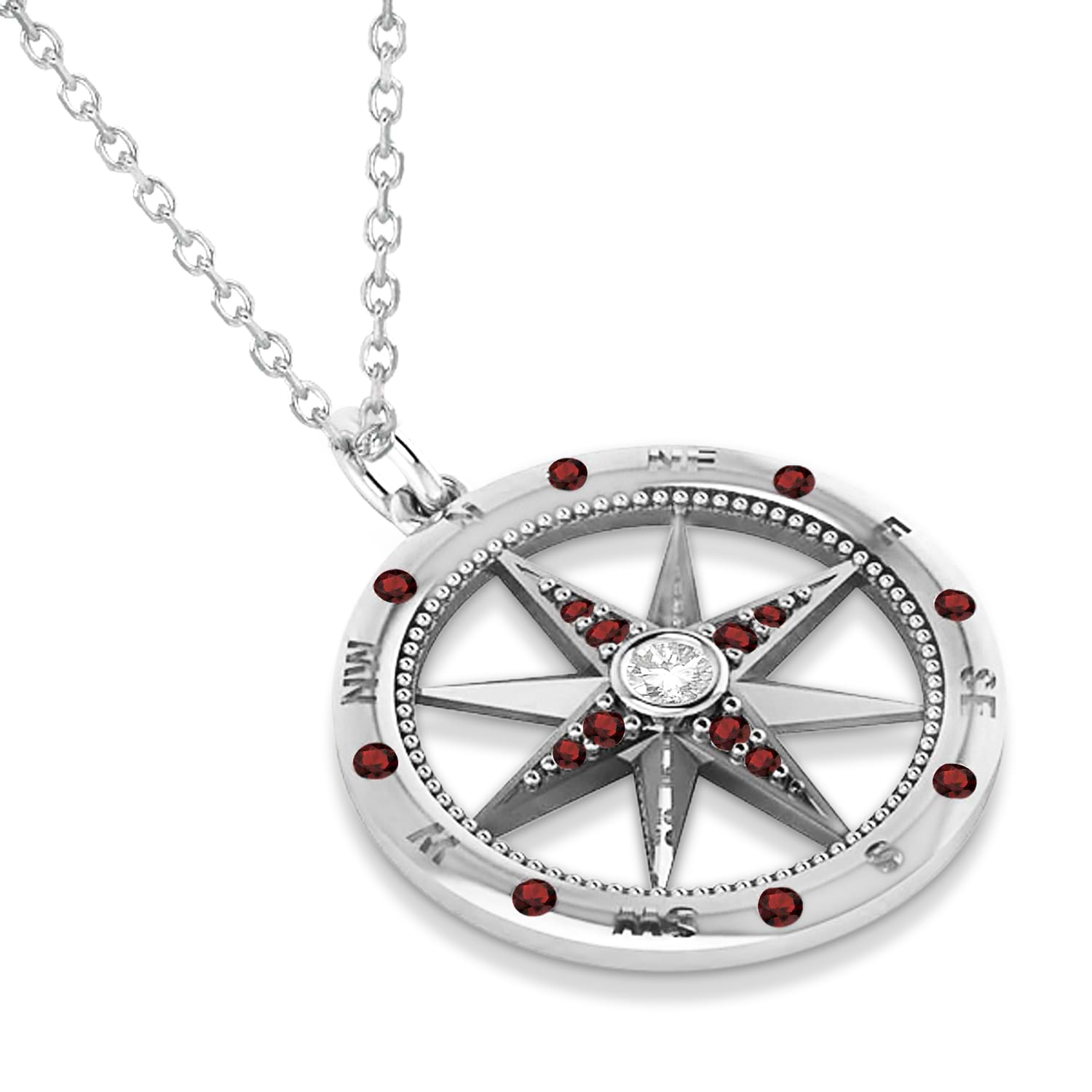 Extra Large Compass Pendant For Men Garnet & Diamond Accented 14k White Gold (0.45ct)
