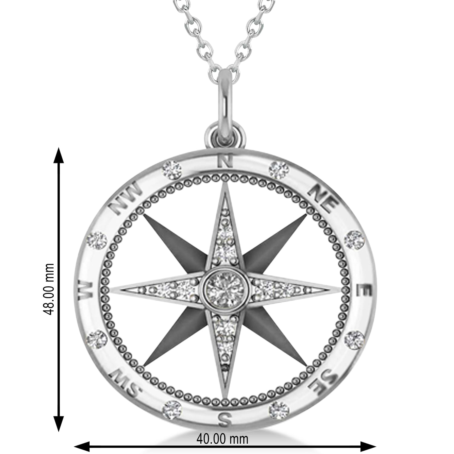 Extra Large Compass Necklace Pendant For Men Lab Grown Diamond Accented 14k White Gold (0.45ct)