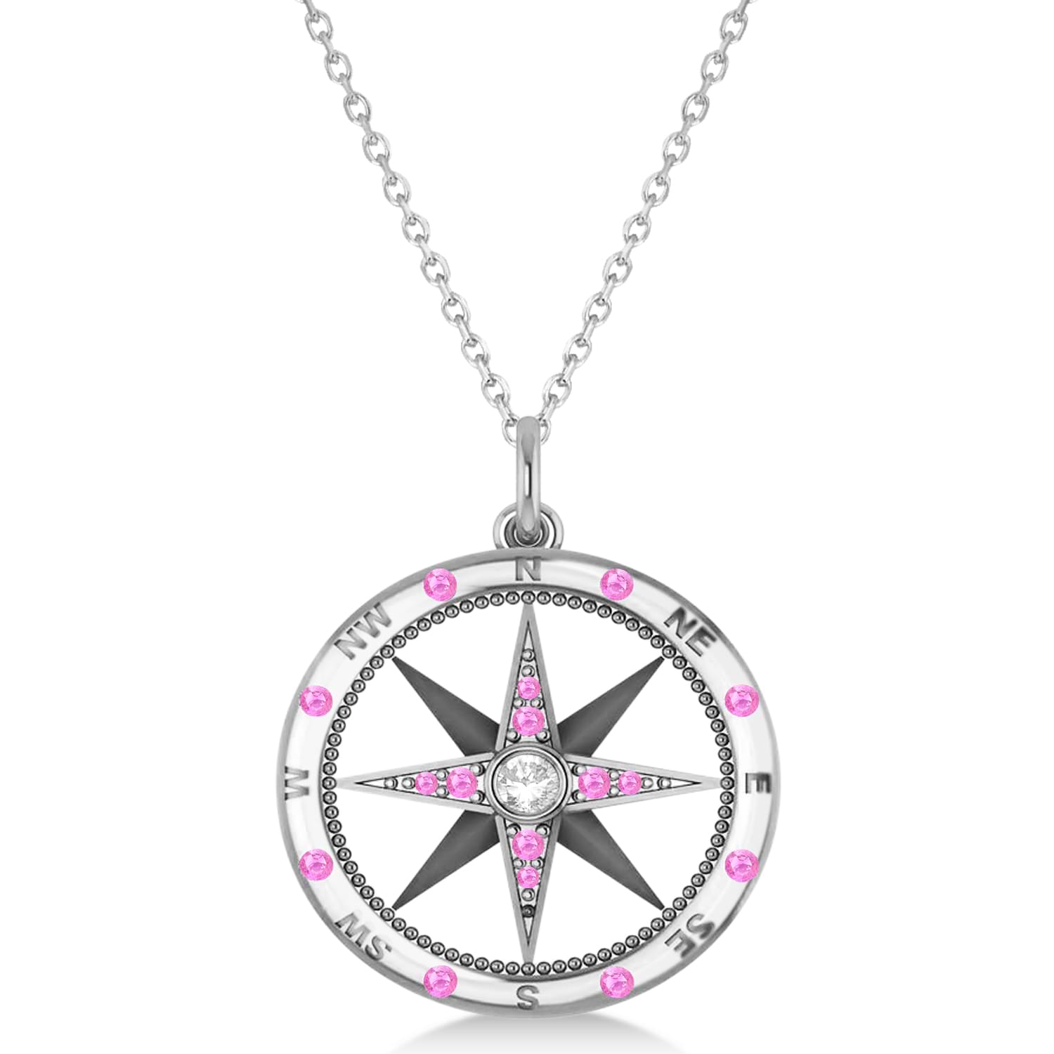 Extra Large Compass Pendant For Men Pink Sapphire & Diamond Accented 14k White Gold (0.45ct)