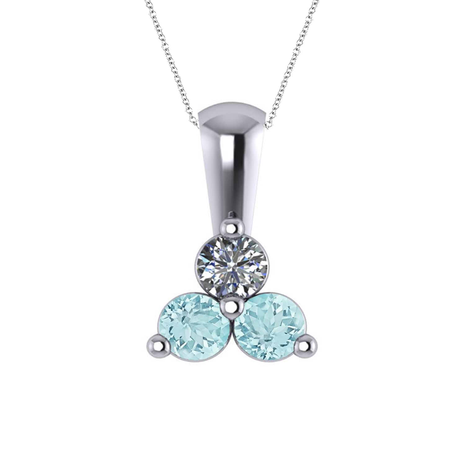 Three Stone Diamond & Aquamarine Pendant Necklace 14k White Gold (0.50ct)