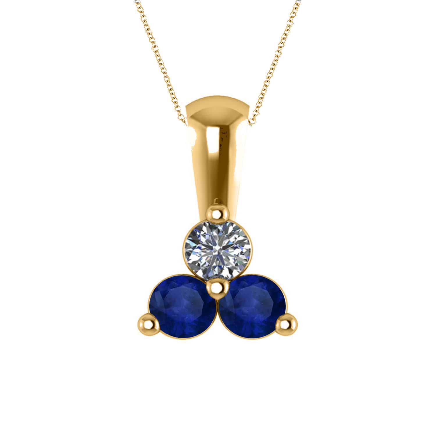Three Stone Diamond & Blue Sapphire Pendant Necklace 14k Yellow Gold (0.50ct)