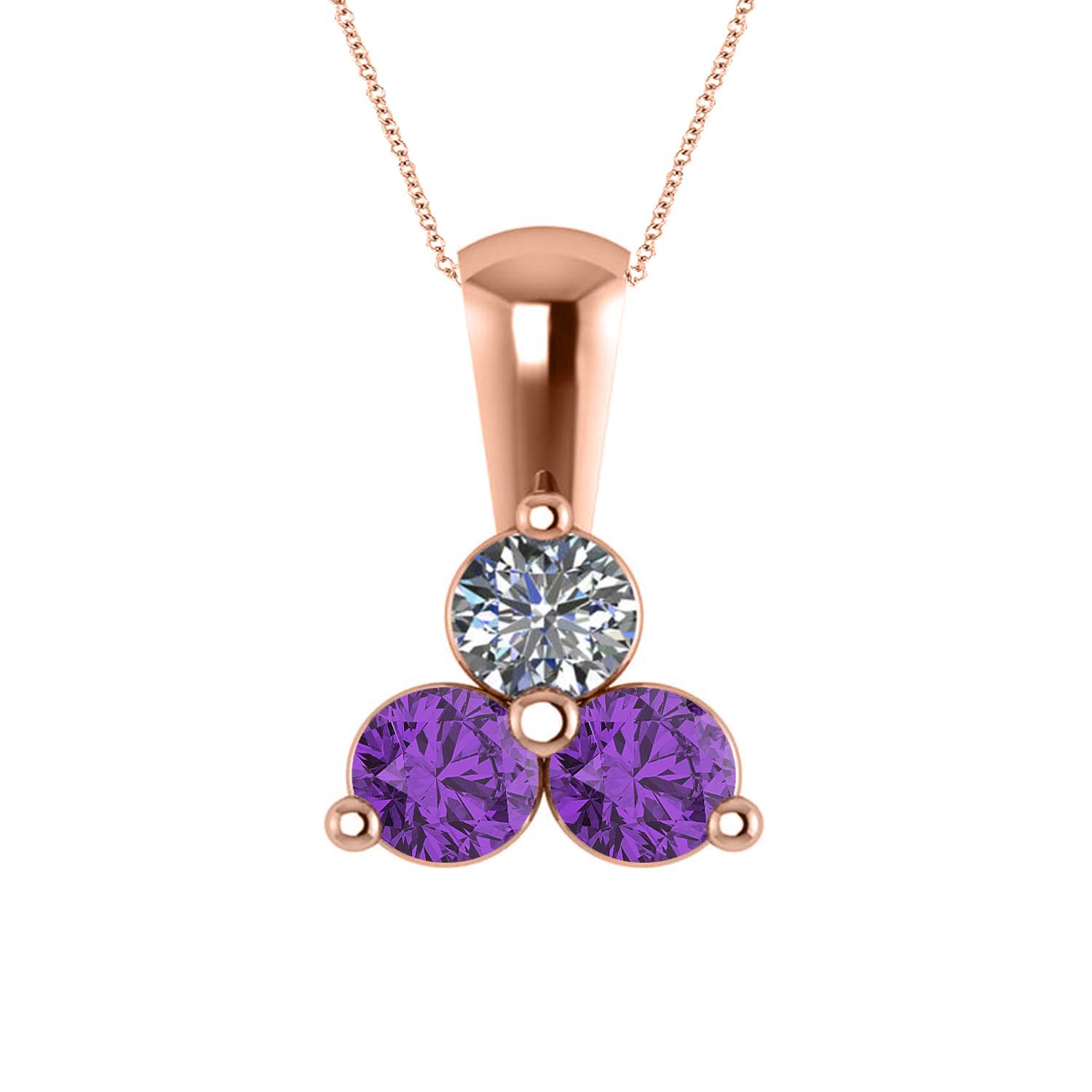 Three Stone Diamond & Amethyst Pendant Necklace 14k Rose Gold (1.00ct)