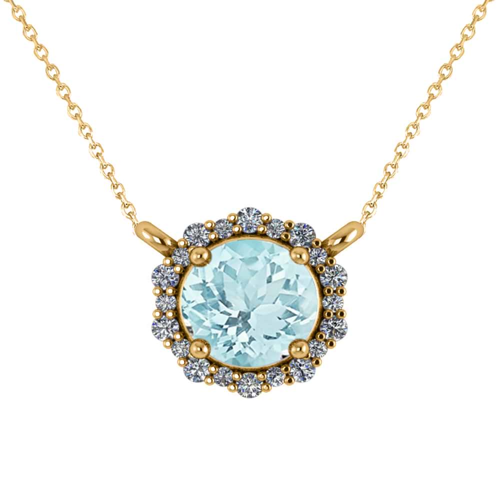 Round Diamond & Aquamarine Halo Pendant Necklace 14K Yellow Gold (1.45ct)