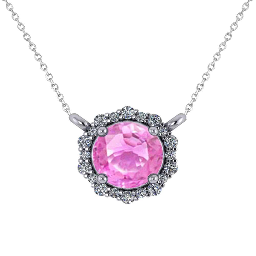Round Diamond & Pink Sapphire Halo Pendant Necklace 14K White Gold (1.55ct)