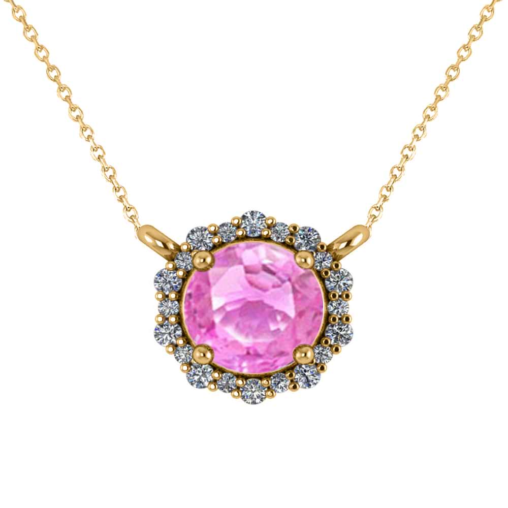 Round Diamond & Pink Sapphire Halo Pendant Necklace 14K Yellow Gold (1.55ct)
