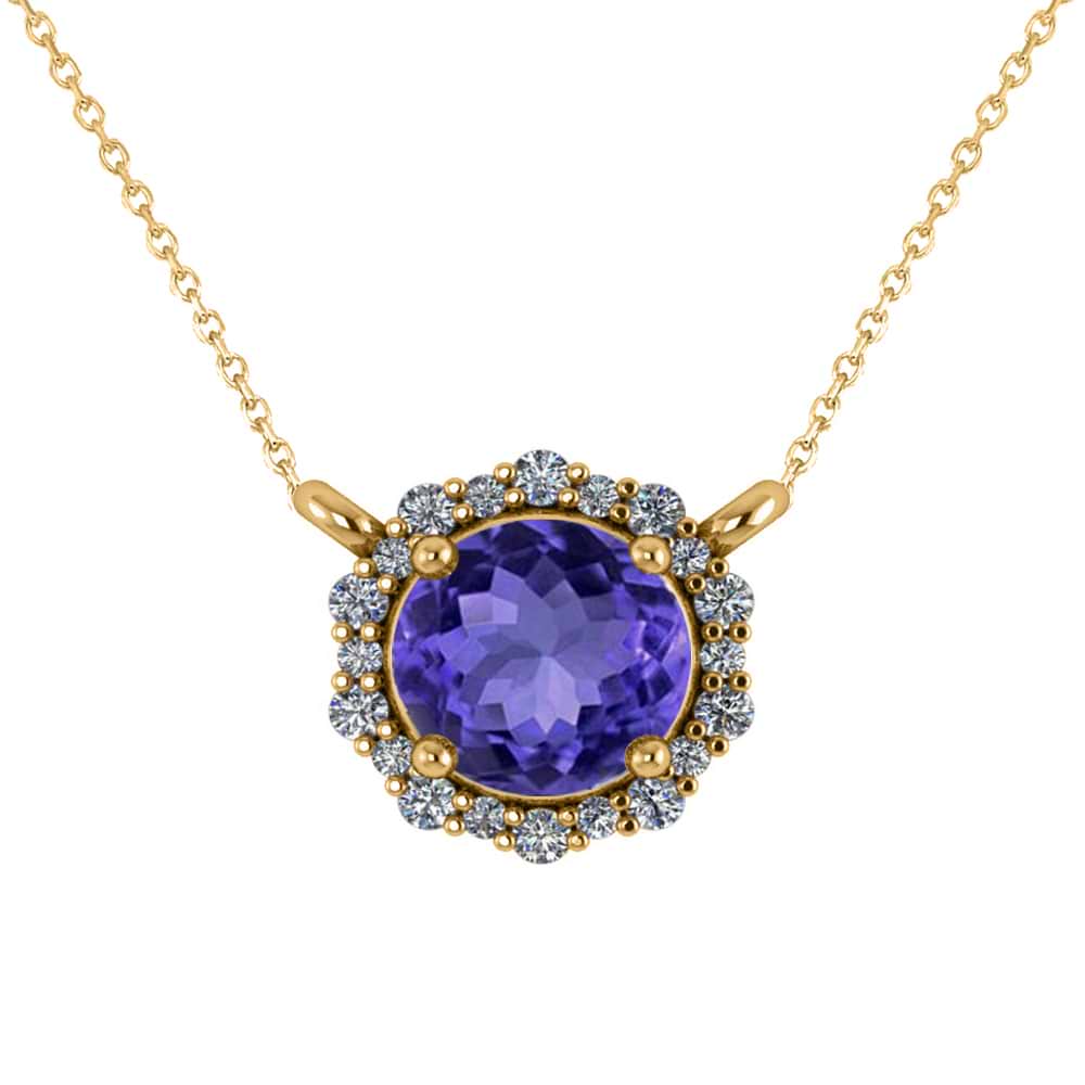 Round Diamond & Tanzanite Halo Pendant Necklace 14K Yellow Gold (1.55ct)