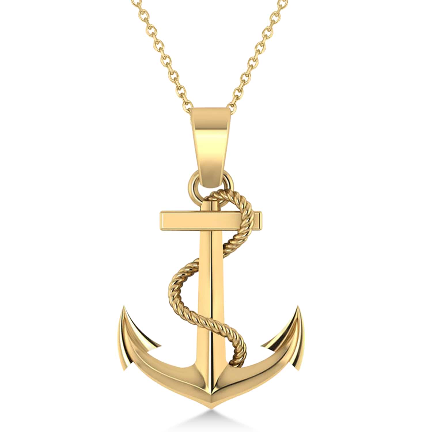 Men's Anchor Pendant Necklace Rope Design 14k Yellow Gold Necklace