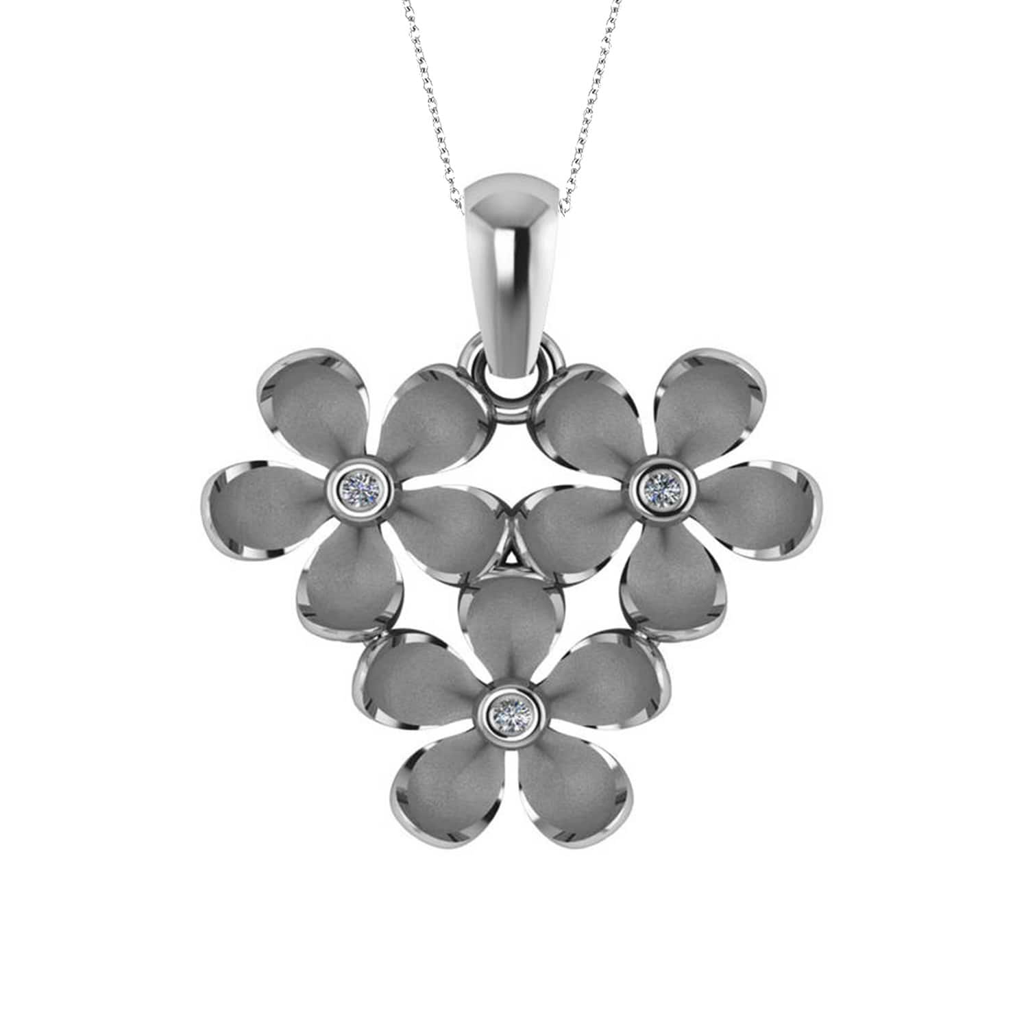 Three Flower Diamond Accented Pendant Necklace 14k White Gold