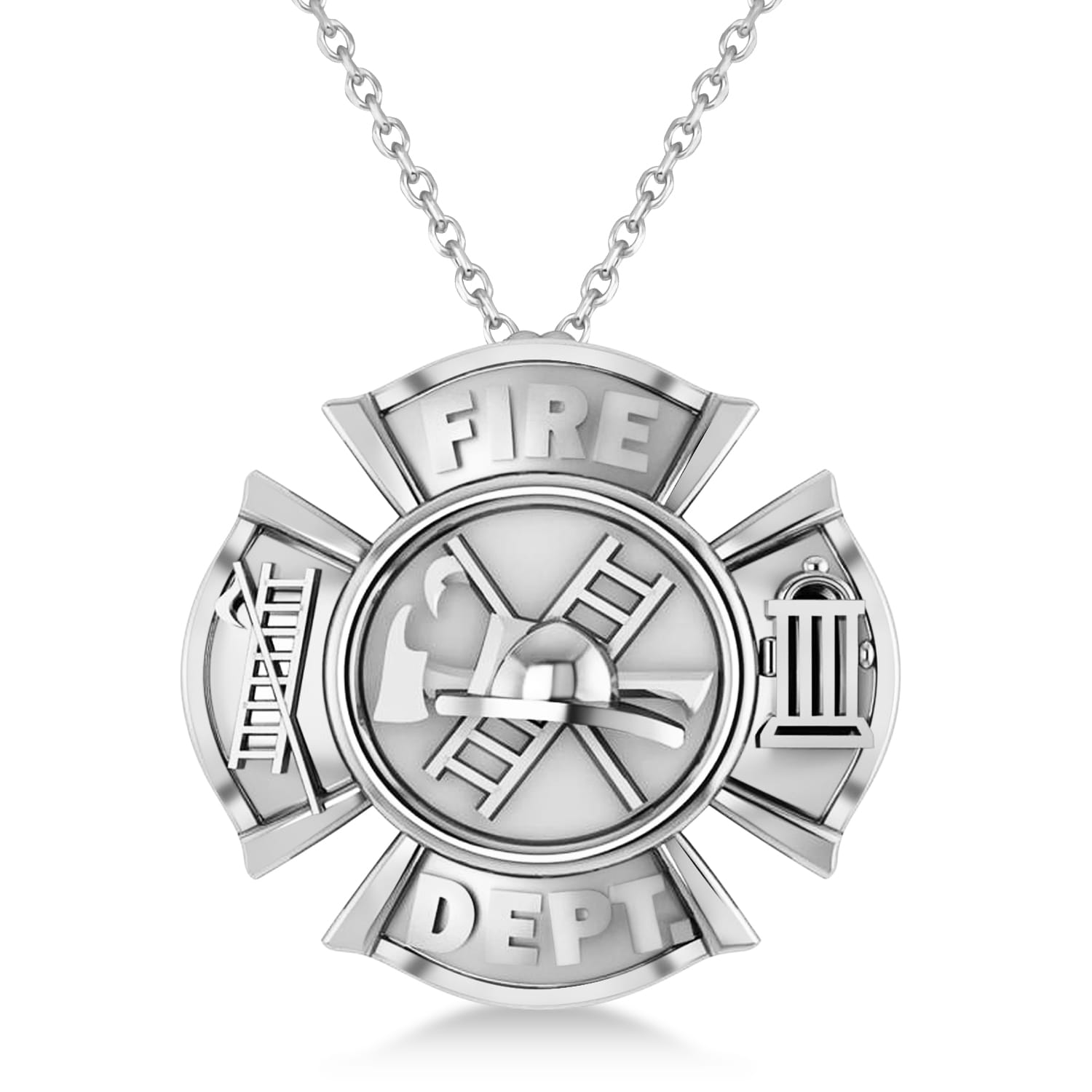 Fire Department Badge Pendant Necklace 14k White Gold