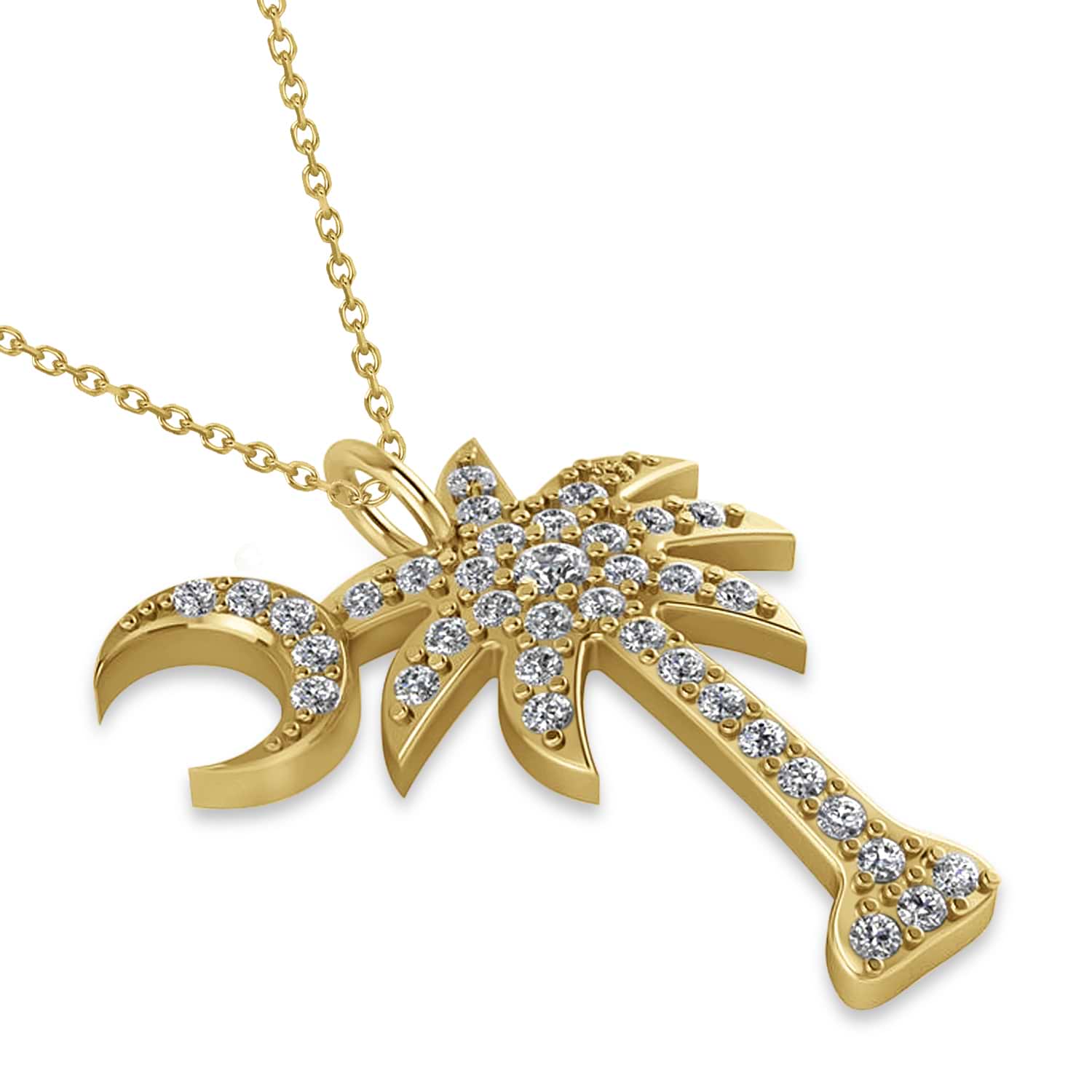 Lab Grown Diamond Palmetto & Crescent Moon Pendant Necklace 14k Yellow Gold (0.81ct)