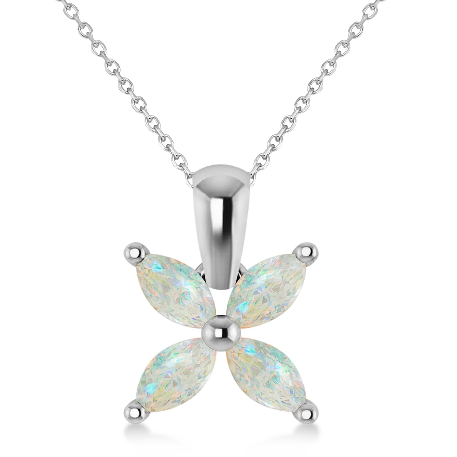 Opal Marquise Flower Pendant Necklace 14k White Gold (0.68 ctw)
