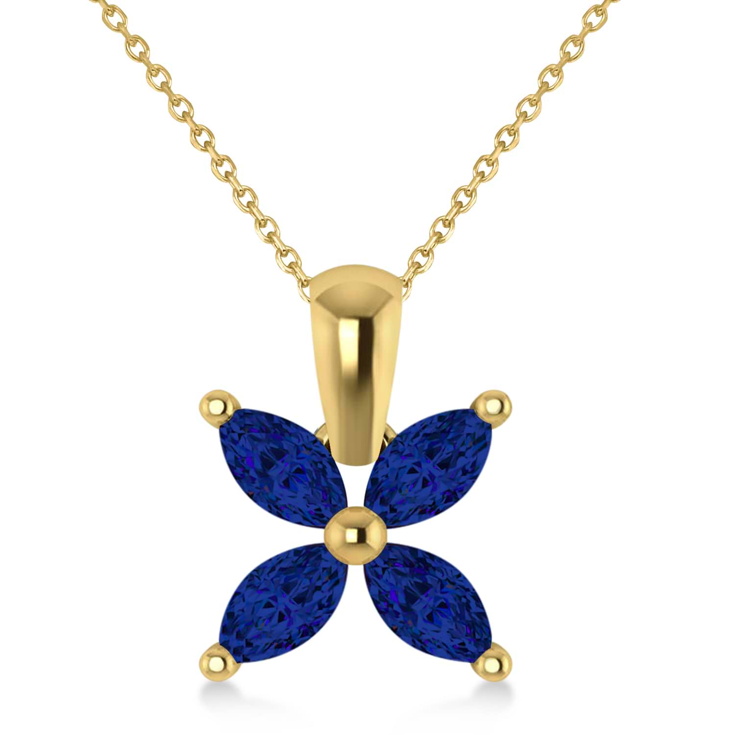 Blue Sapphire Marquise Flower Pendant Necklace 14k Yellow Gold (1.40 ctw)