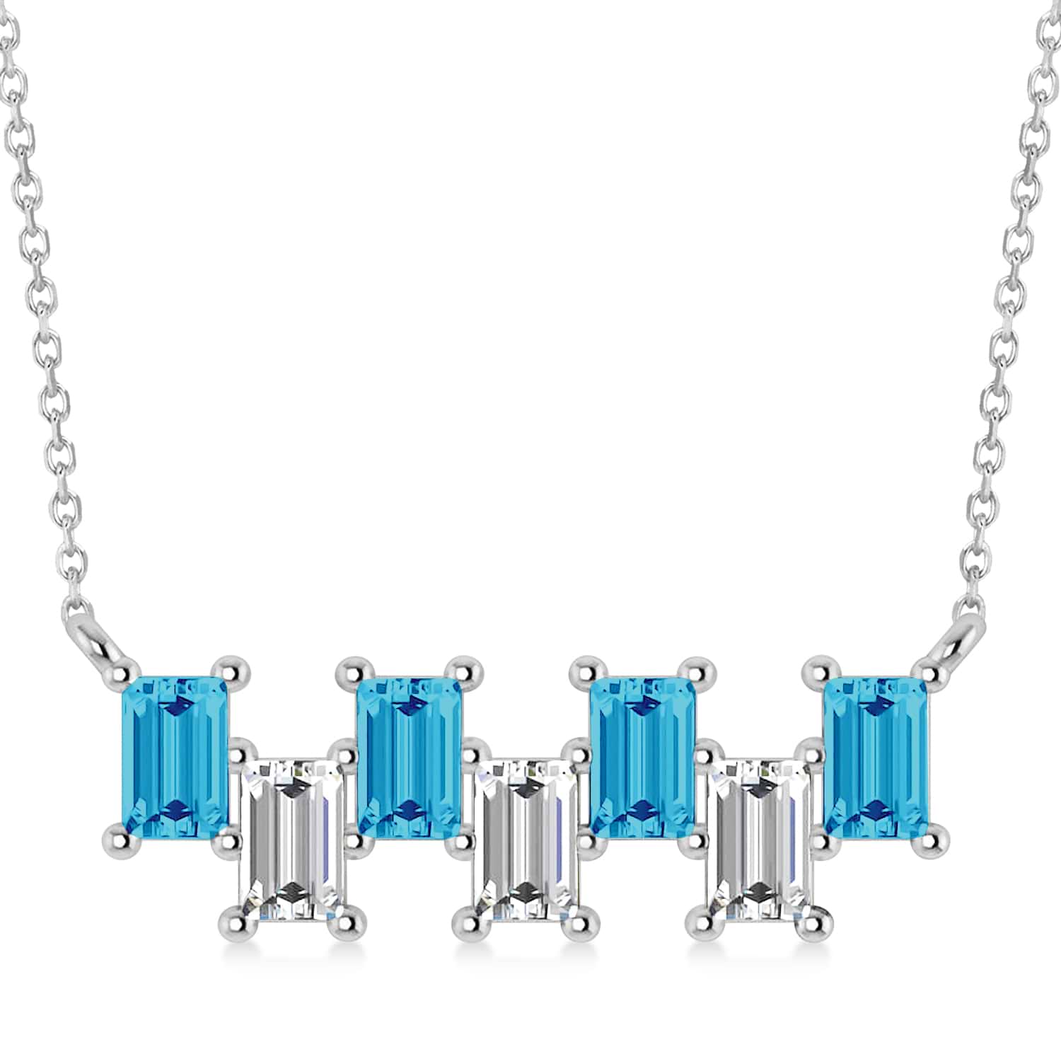 Bar Blue Topaz & Diamond Baguette Necklace 14k White Gold (1.98 ctw)