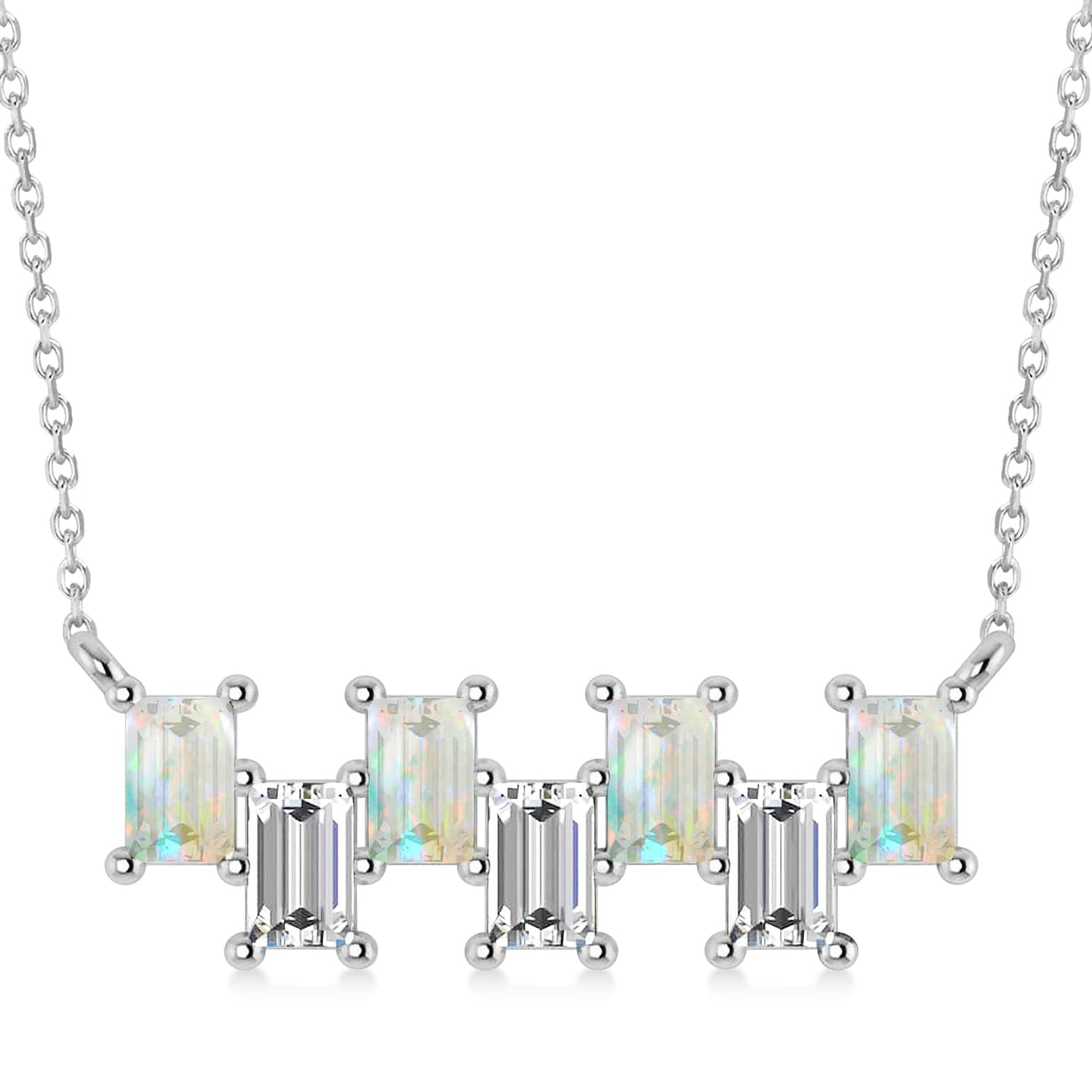 Bar Opal & Diamond Baguette Necklace 14k White Gold (2.10 ctw)