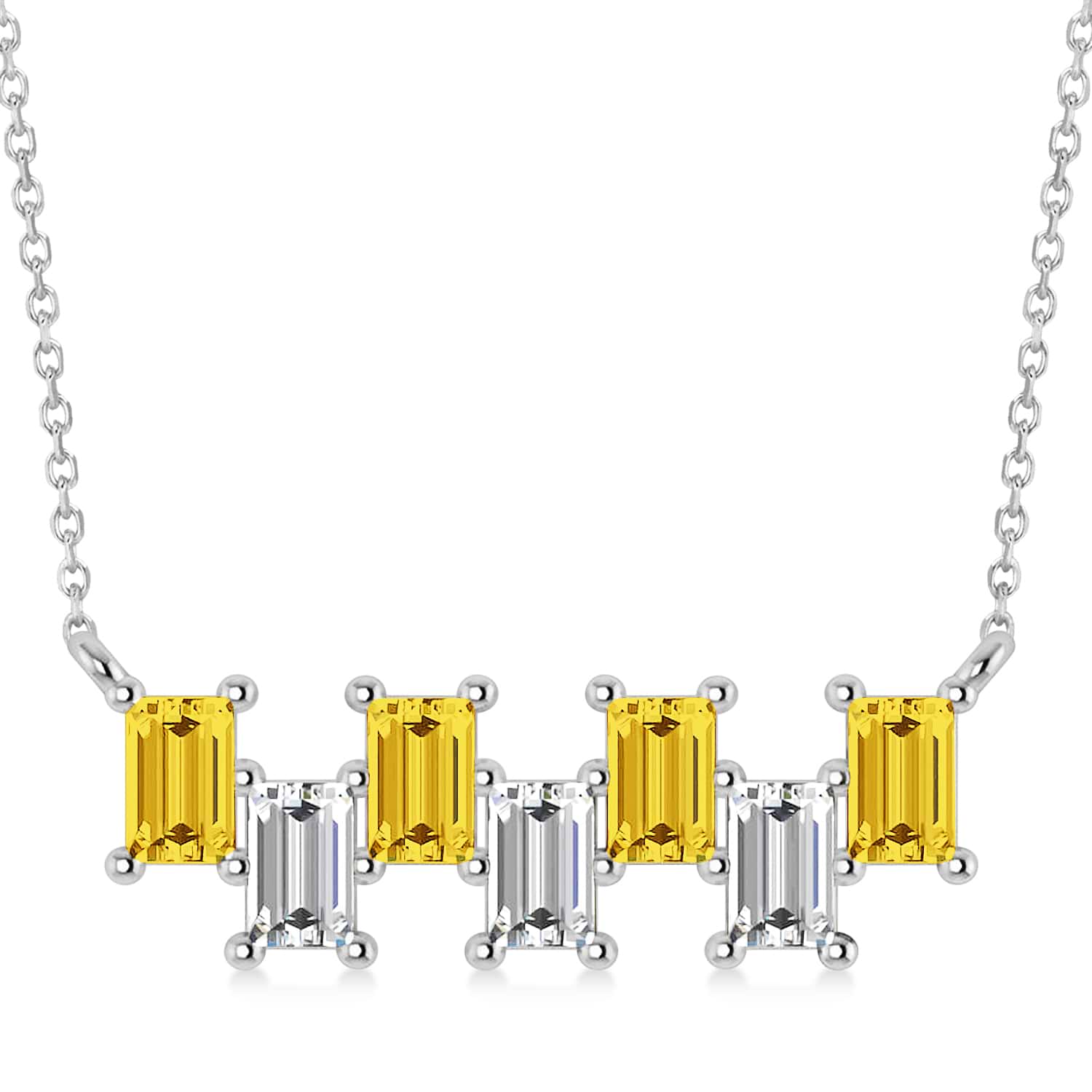 Bar Yellow Sapphire & Diamond Baguette Necklace 14k White Gold (3.10 ctw)