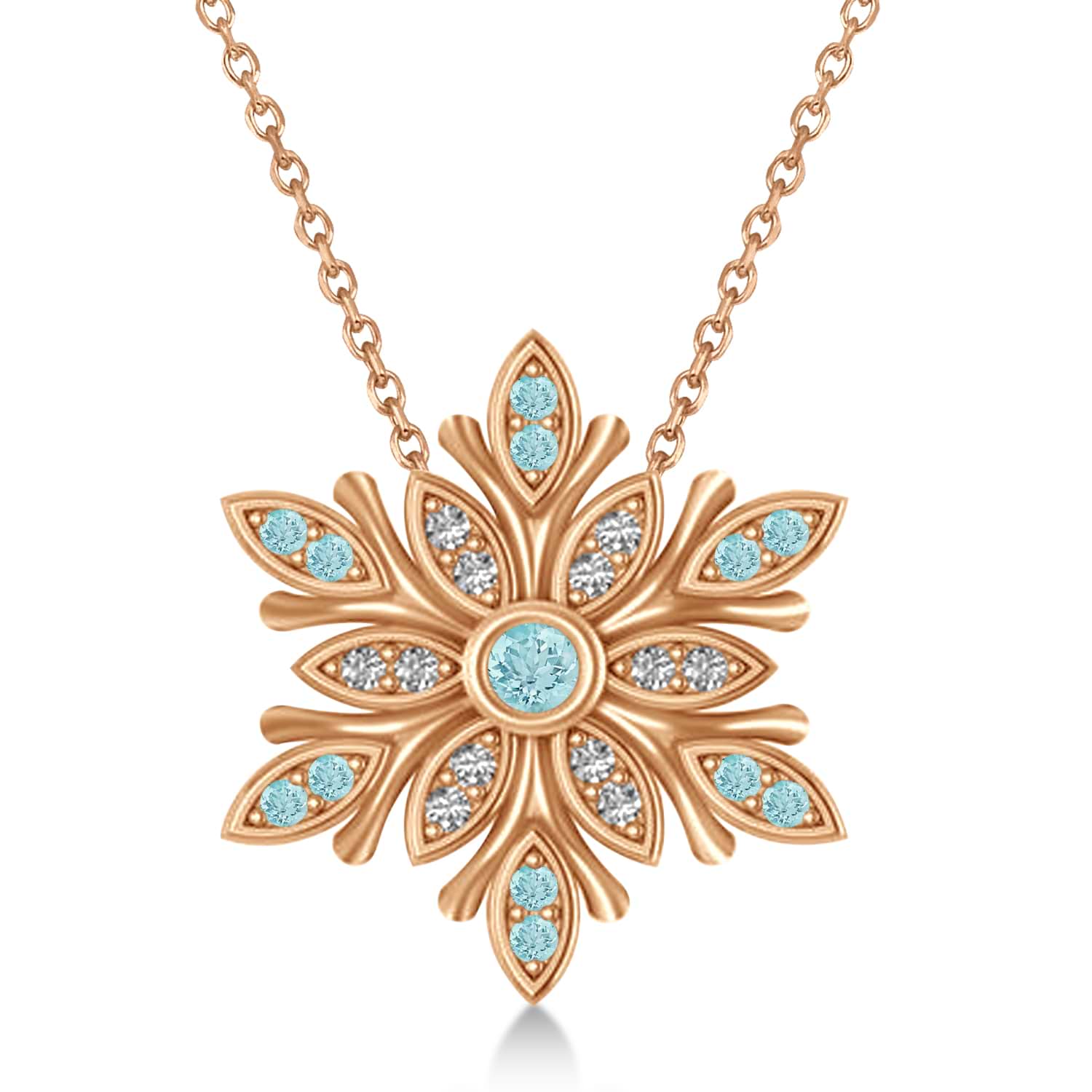 Diamond & Aquamarines Snowflake Necklace 14k Rose Gold (0.29ct)