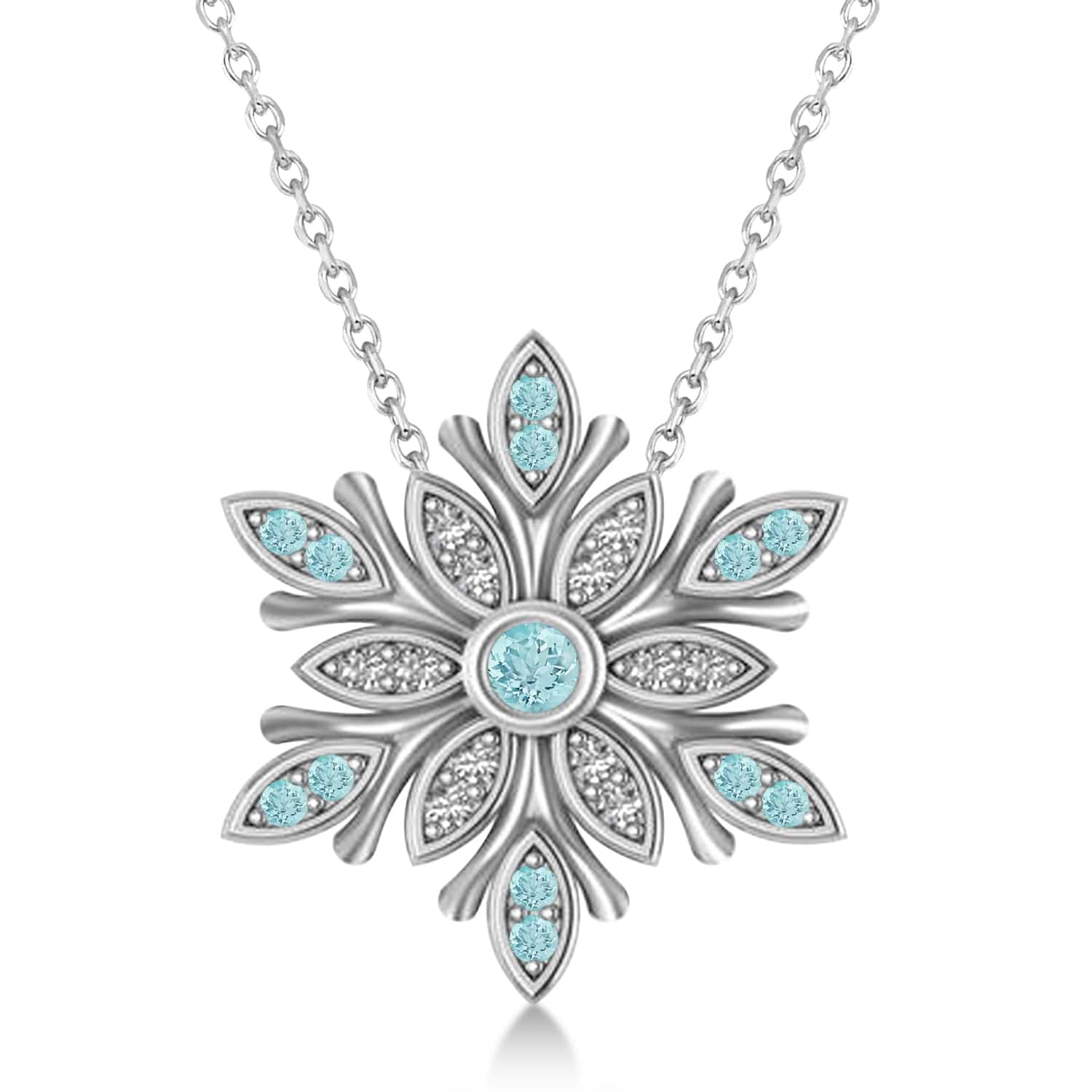 Diamond & Aquamarines Snowflake Necklace 14k White Gold (0.29ct)