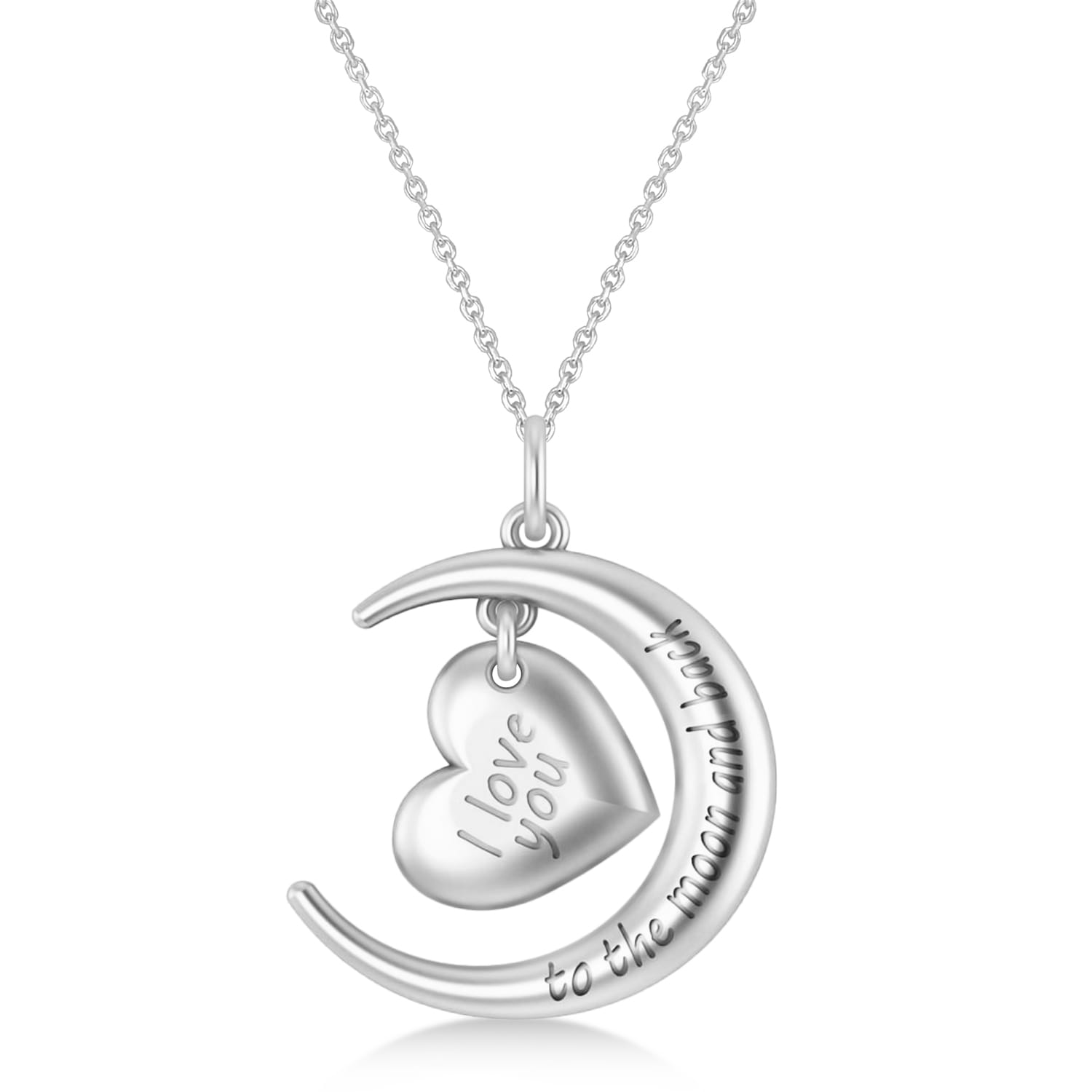 Moon with Heart " I Love You To The Moon and Back" Pendant Necklace 14K White Gold