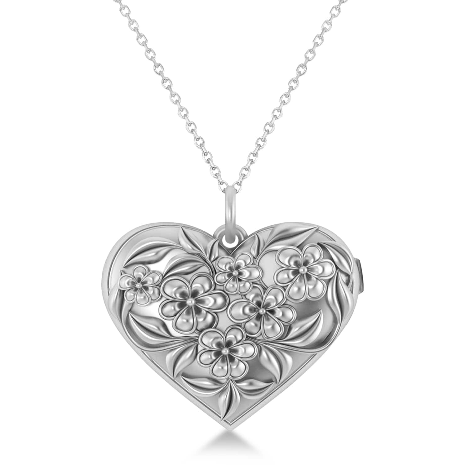 Floral Designed Heart Locket Necklace 14k White Gold