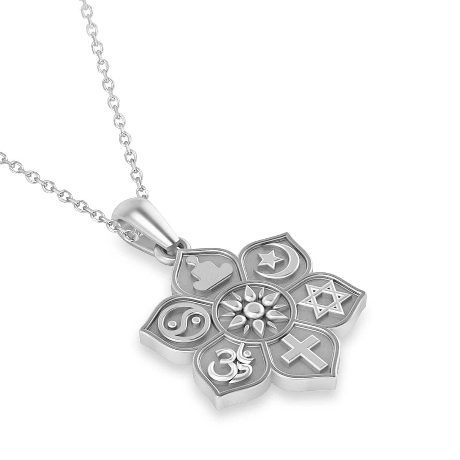 Coexist Symbols on Lotus Flower Pendant Necklace 14k White Gold