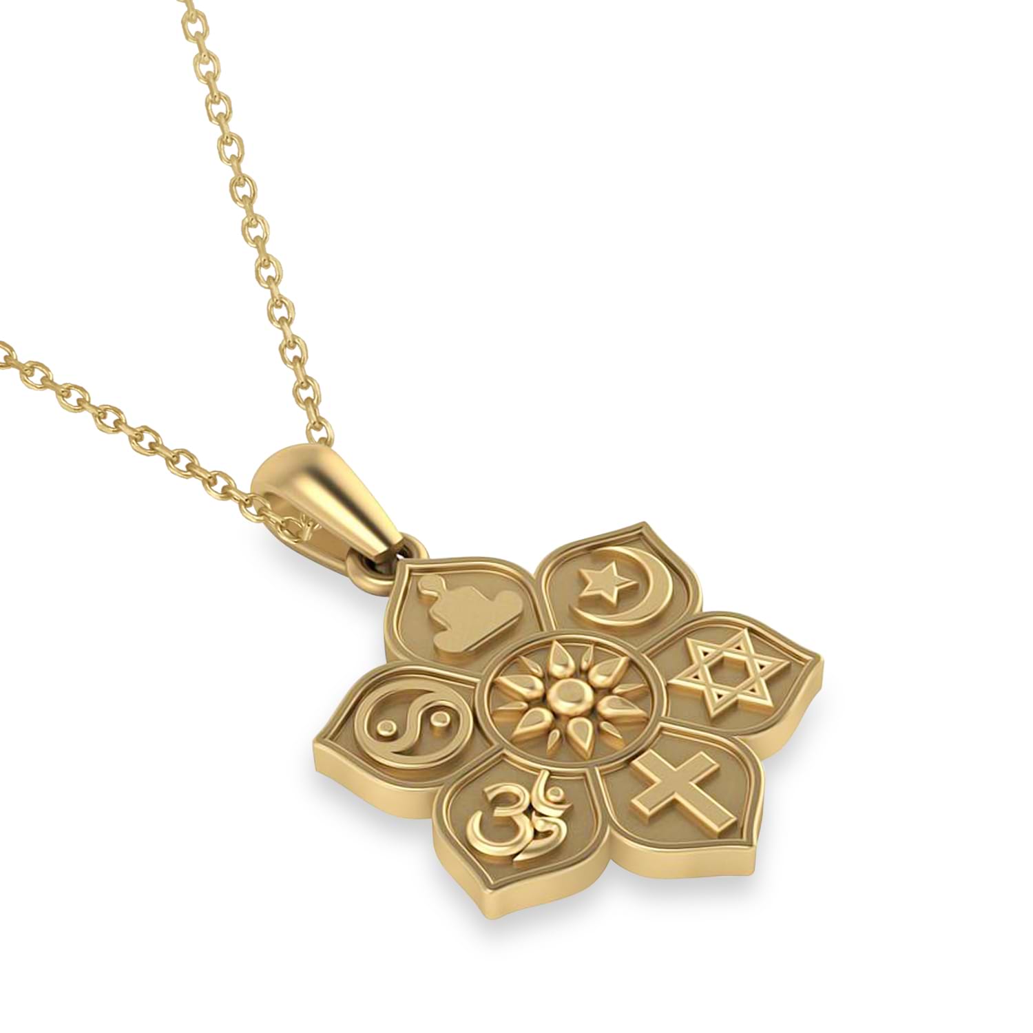 Coexist Symbols on Lotus Flower Pendant Necklace 14k Yellow Gold