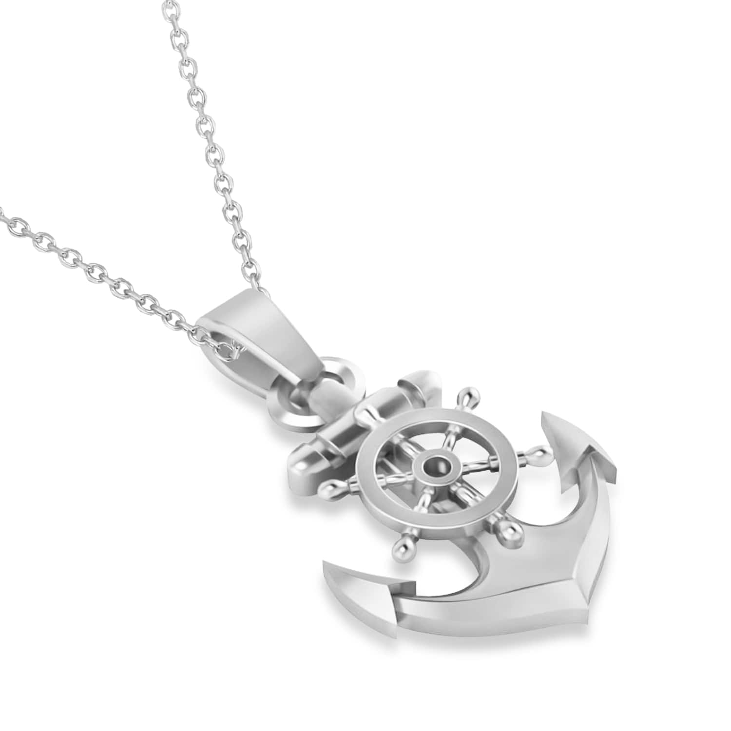 Men's Anchor With Ship's Wheel Pendant Necklace 14k White Gold
