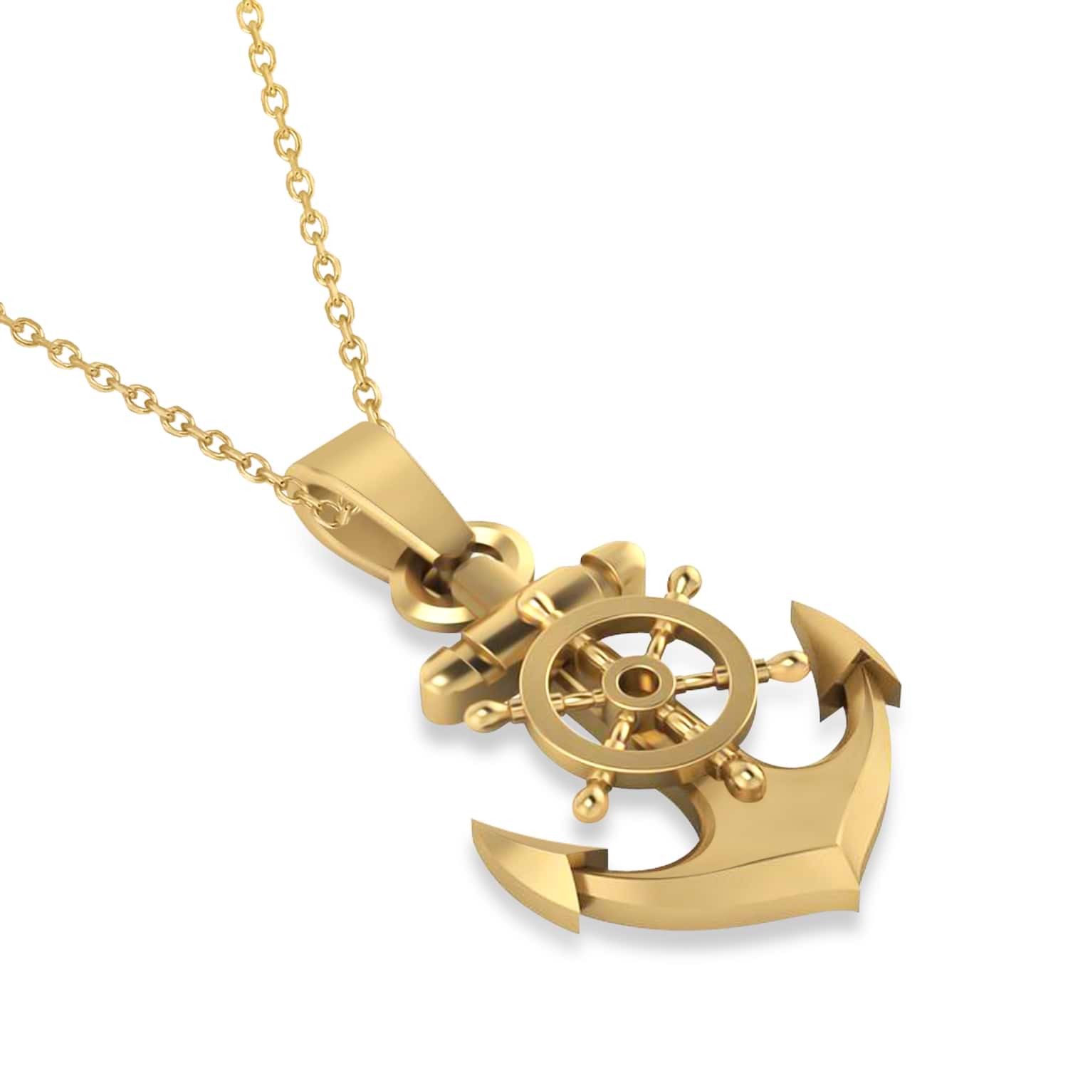 Men's Anchor With Ship's Wheel Pendant Necklace 14k Yellow Gold