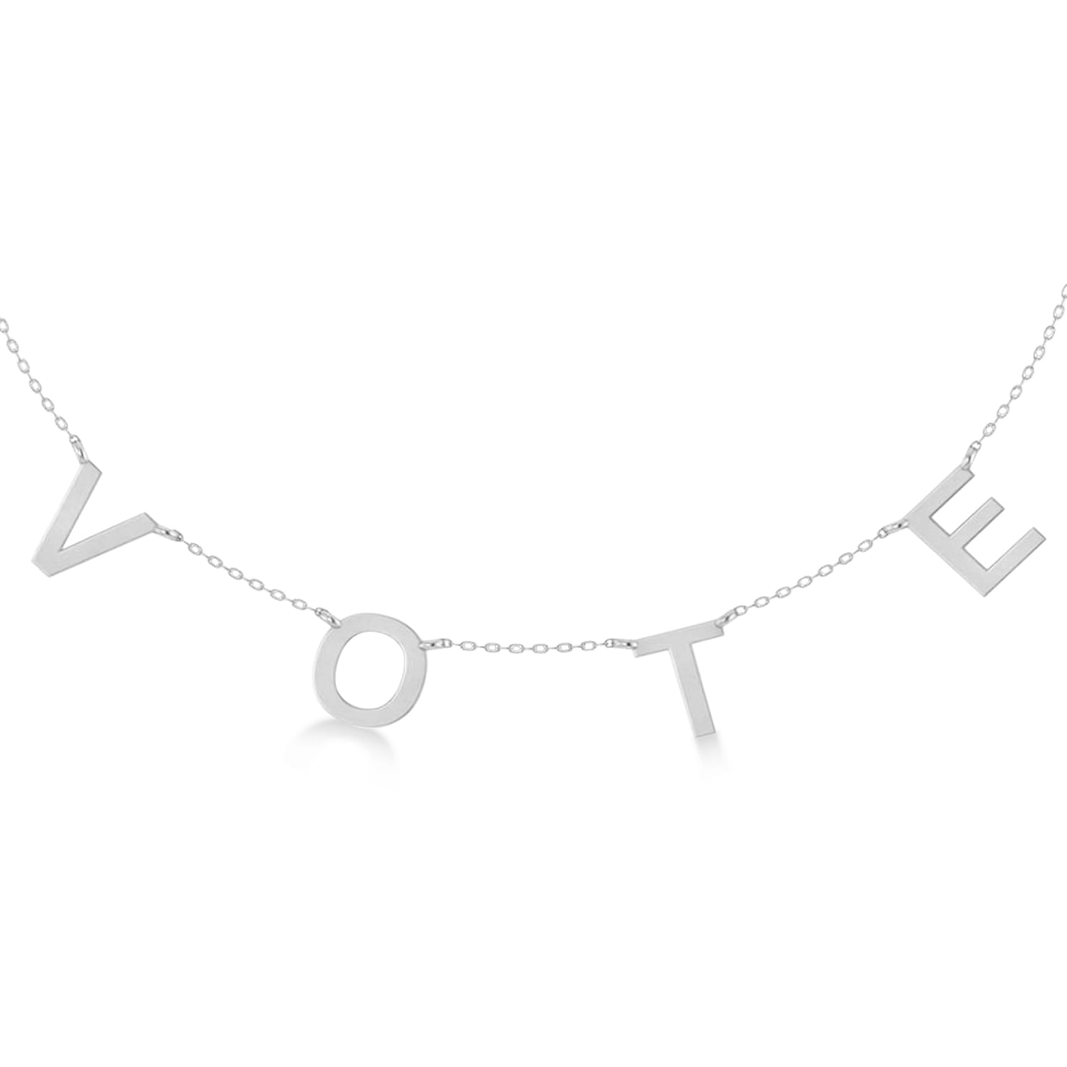 Block Letters VOTE Pendant Necklace 14k White Gold