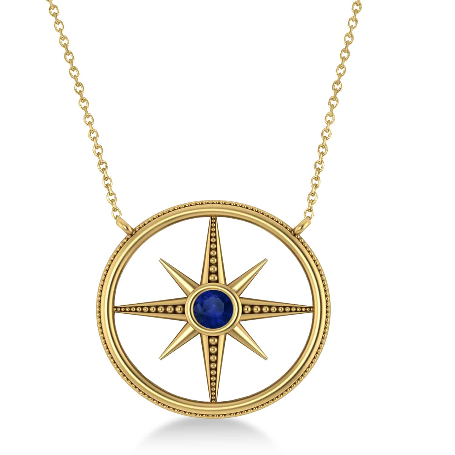 Blue Sapphire Compass Men's Pendant Necklace 14k Yellow Gold (0.25ct)