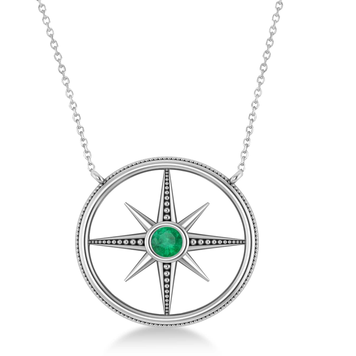 Emerald Compass Men's Pendant Necklace 14k White Gold (0.25ct)
