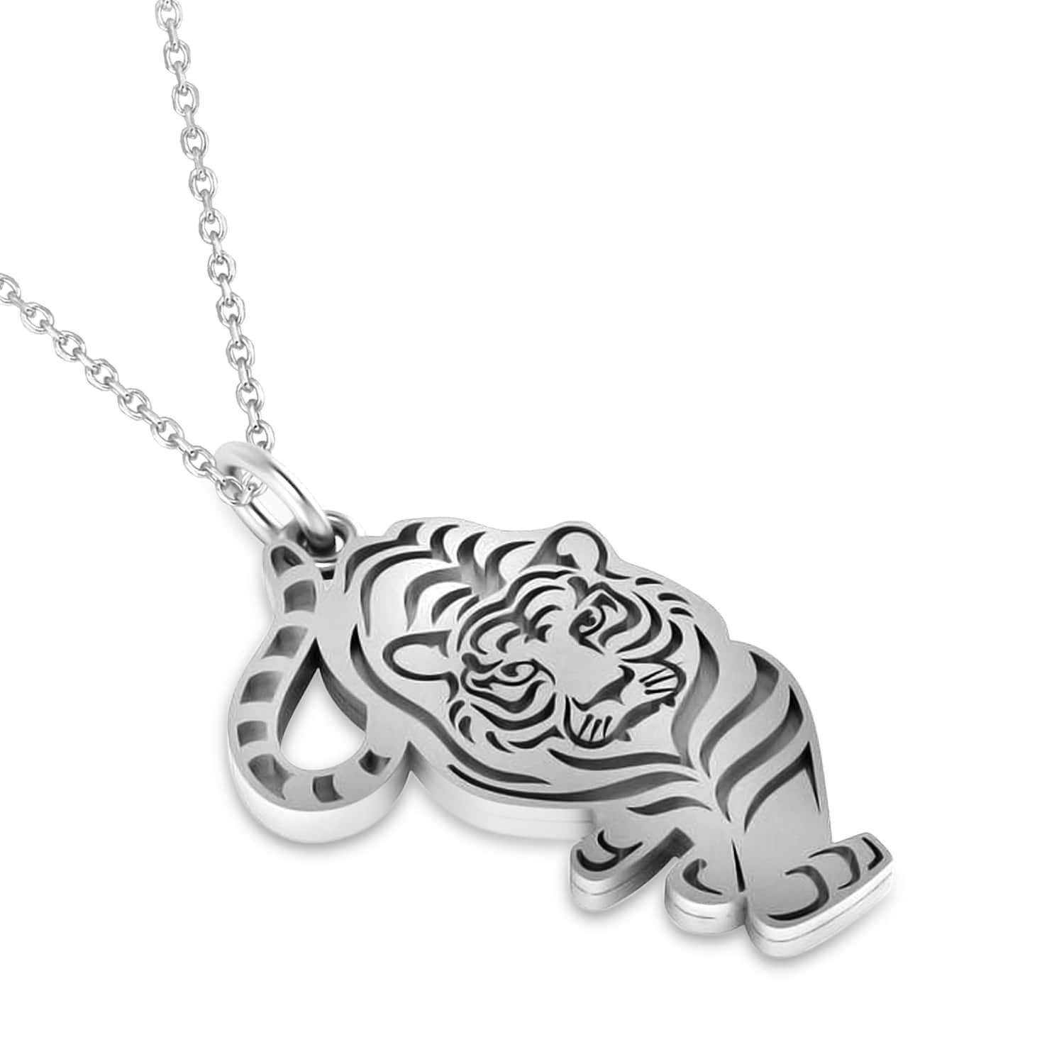 Tiger Shaped Charm Pendant Necklace 14k White Gold