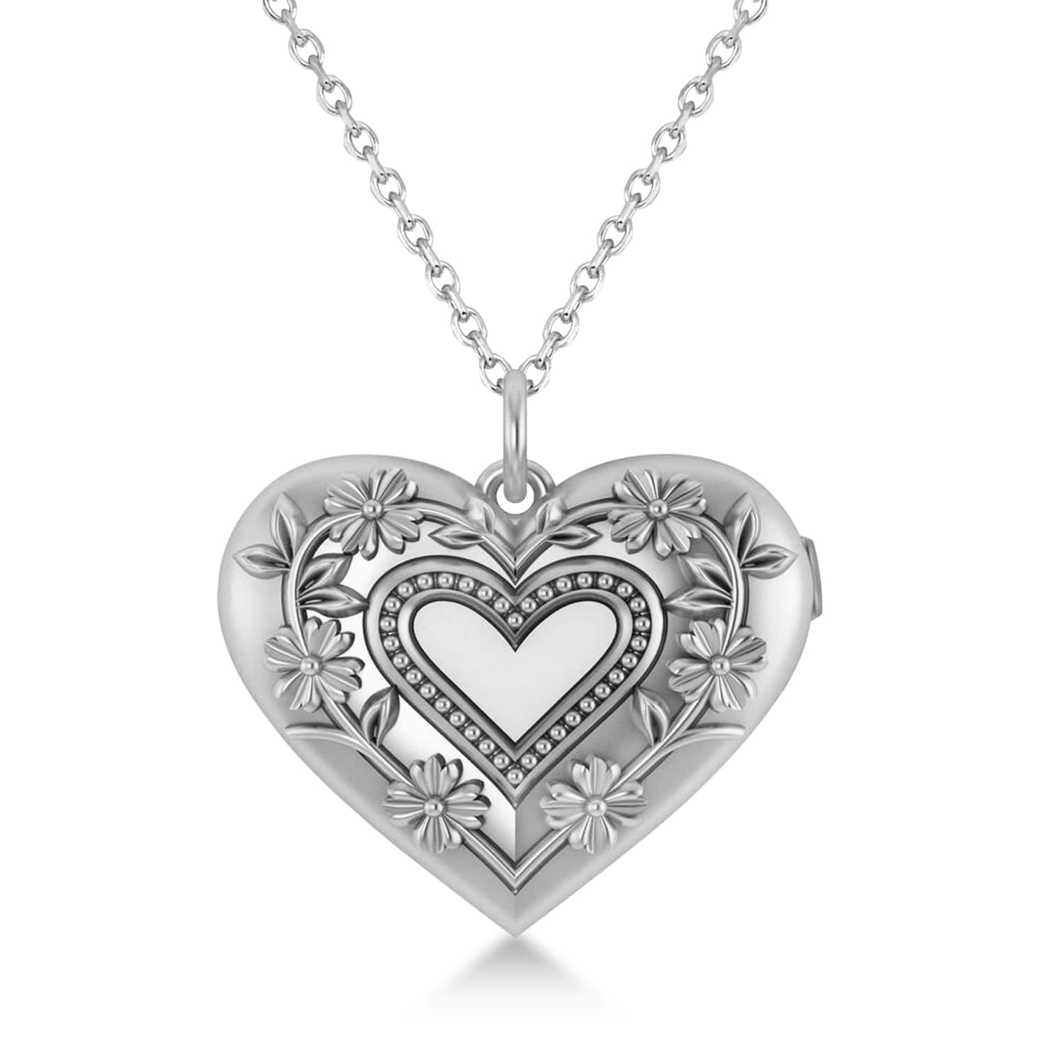 Floral Heart Locket Necklace 14k White Gold