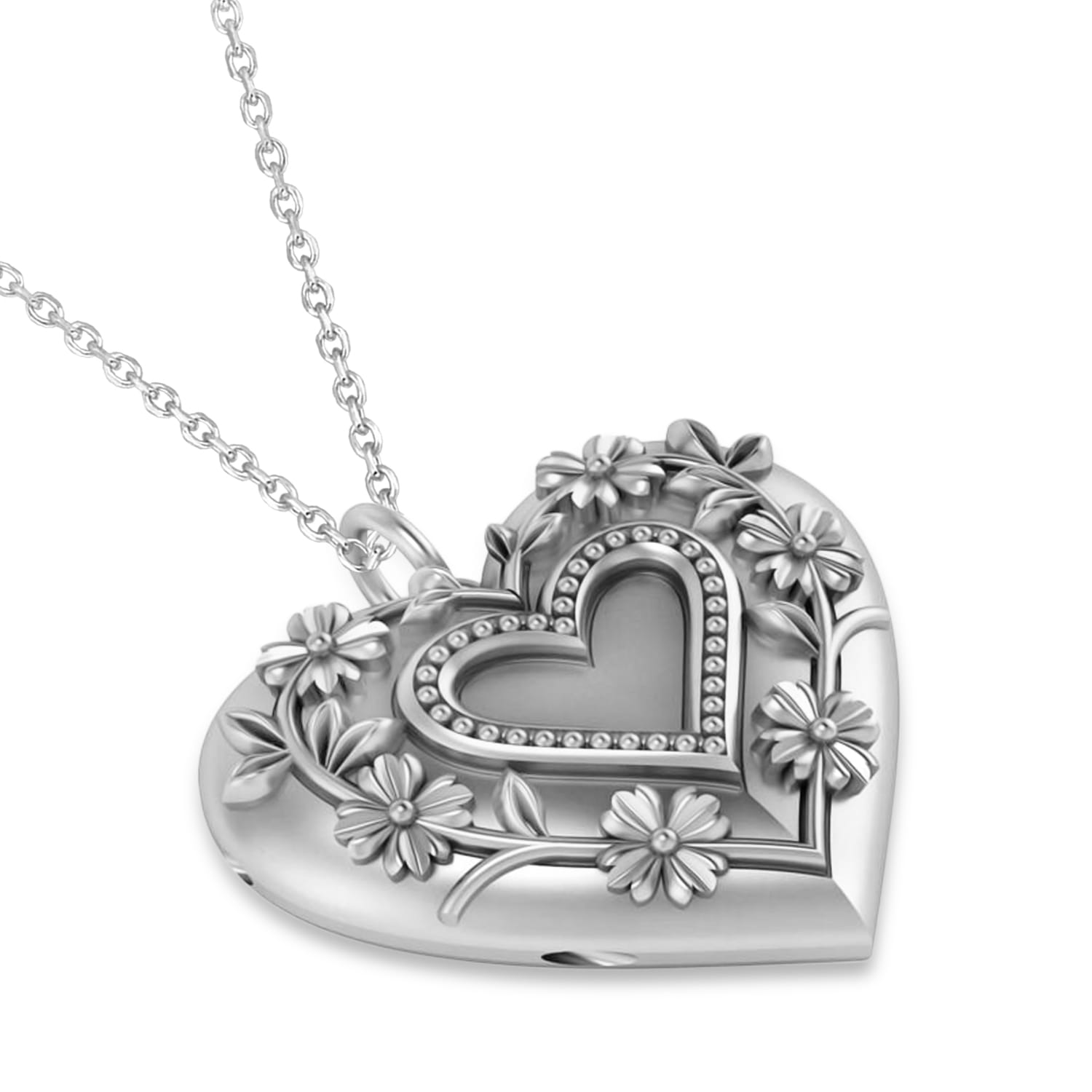 Floral Heart Locket Necklace 14k White Gold AZ17876